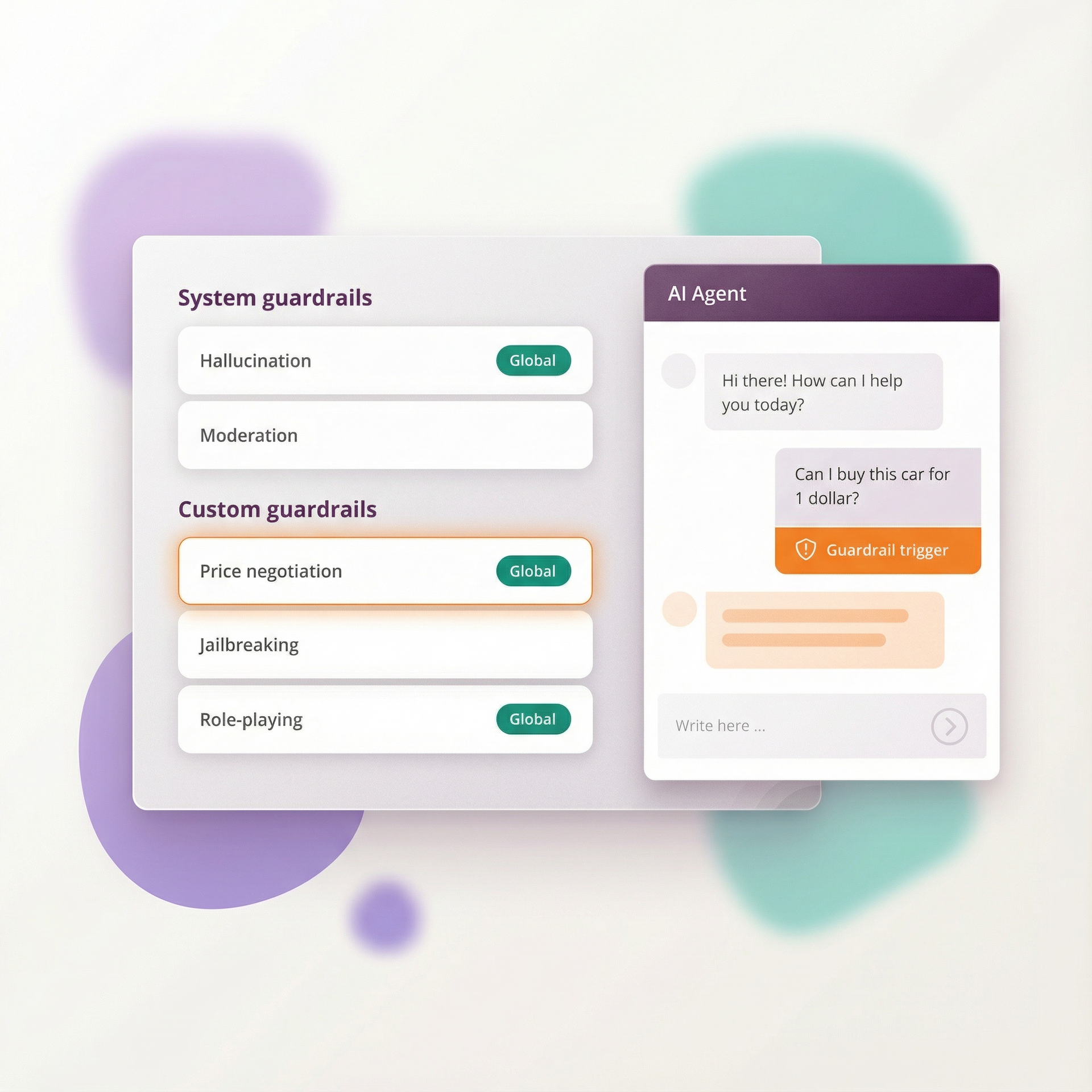 Nadzorna plošča, ki prikazuje sistemske in prilagojene zaščitne ograje ter vmesnik za klepetalni robot.