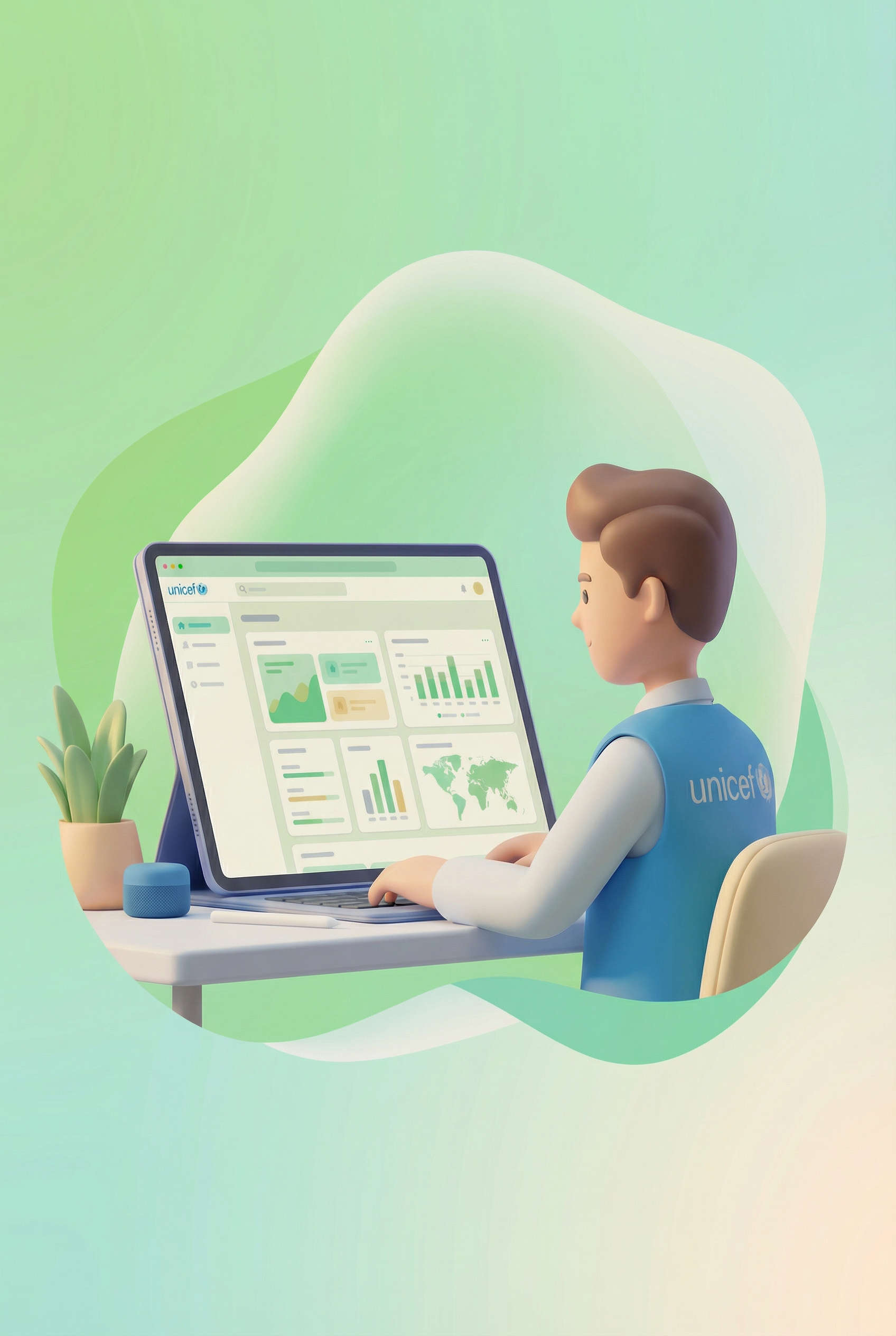 Risanka uporablja prenosnik, si ogleduje grafe in podatke. Zeleno-bela barvna shema.