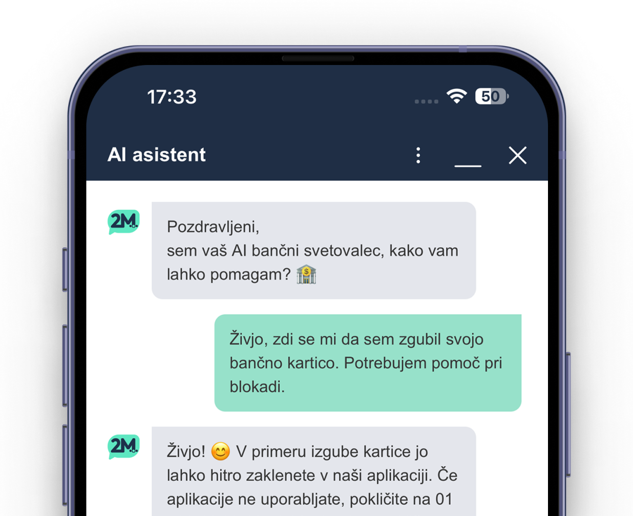 Zaslon pametnega telefona, ki prikazuje klepet z bančnim asistentom o izgubljeni kartici in njeni blokadi.