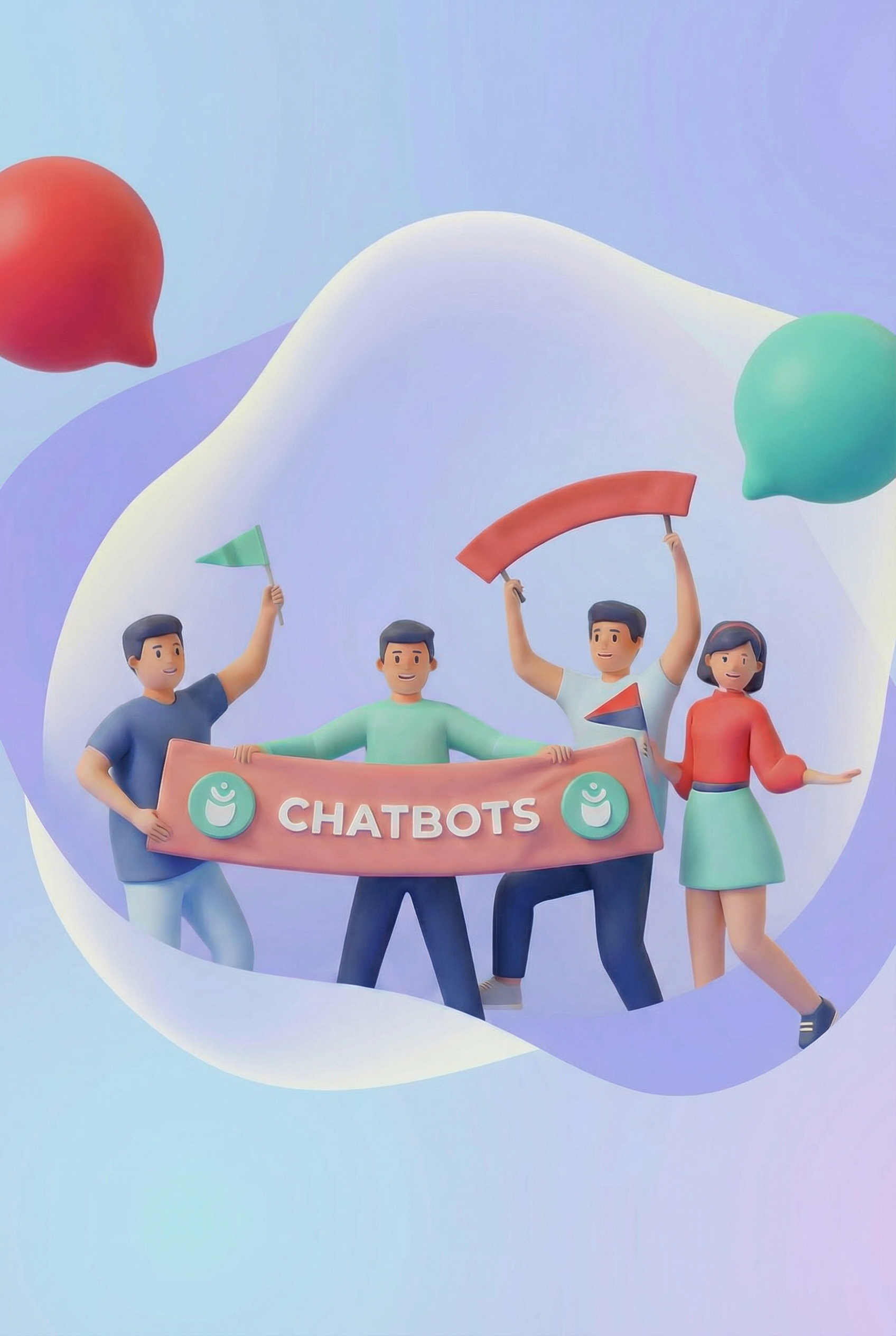 Štiri osebe držijo transparent »Chatbots«, govorne mehurčke in tekoče modro-vijolično ozadje.