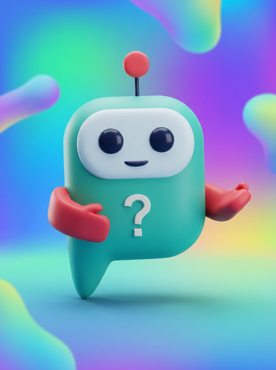 Turkizni robot z vprašajem na prsih, iztegnjenimi rokami, nasmejan na pisanem ozadju.