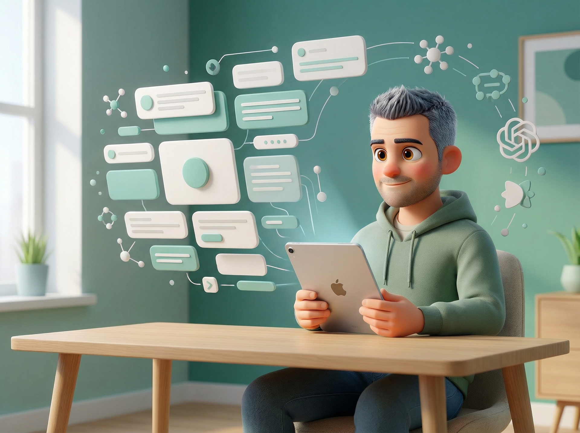 Moški uporablja tablico, obdan s lebdečimi digitalnimi komunikacijskimi mehurčki.