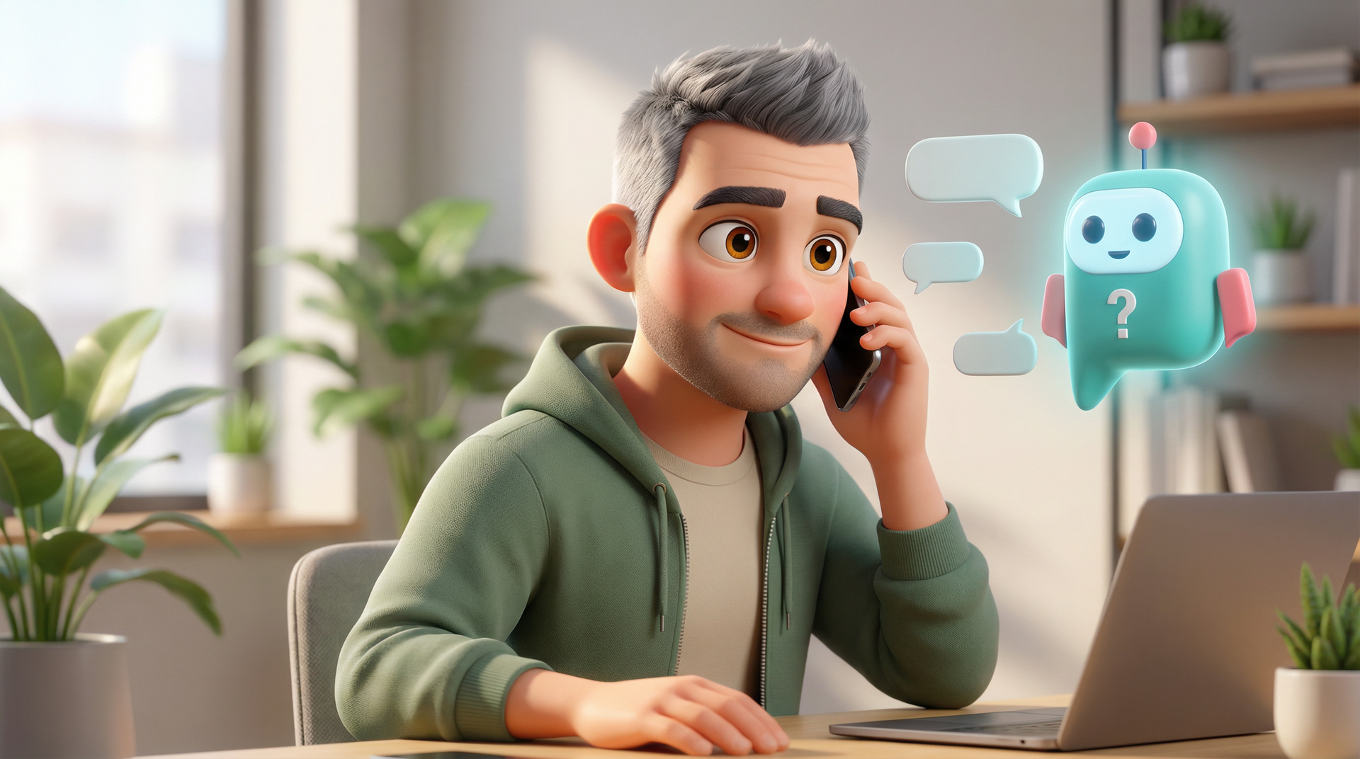 Moški na telefonu za mizo, robotski klepetalni mehurček, prenosnik, notranji prostor.