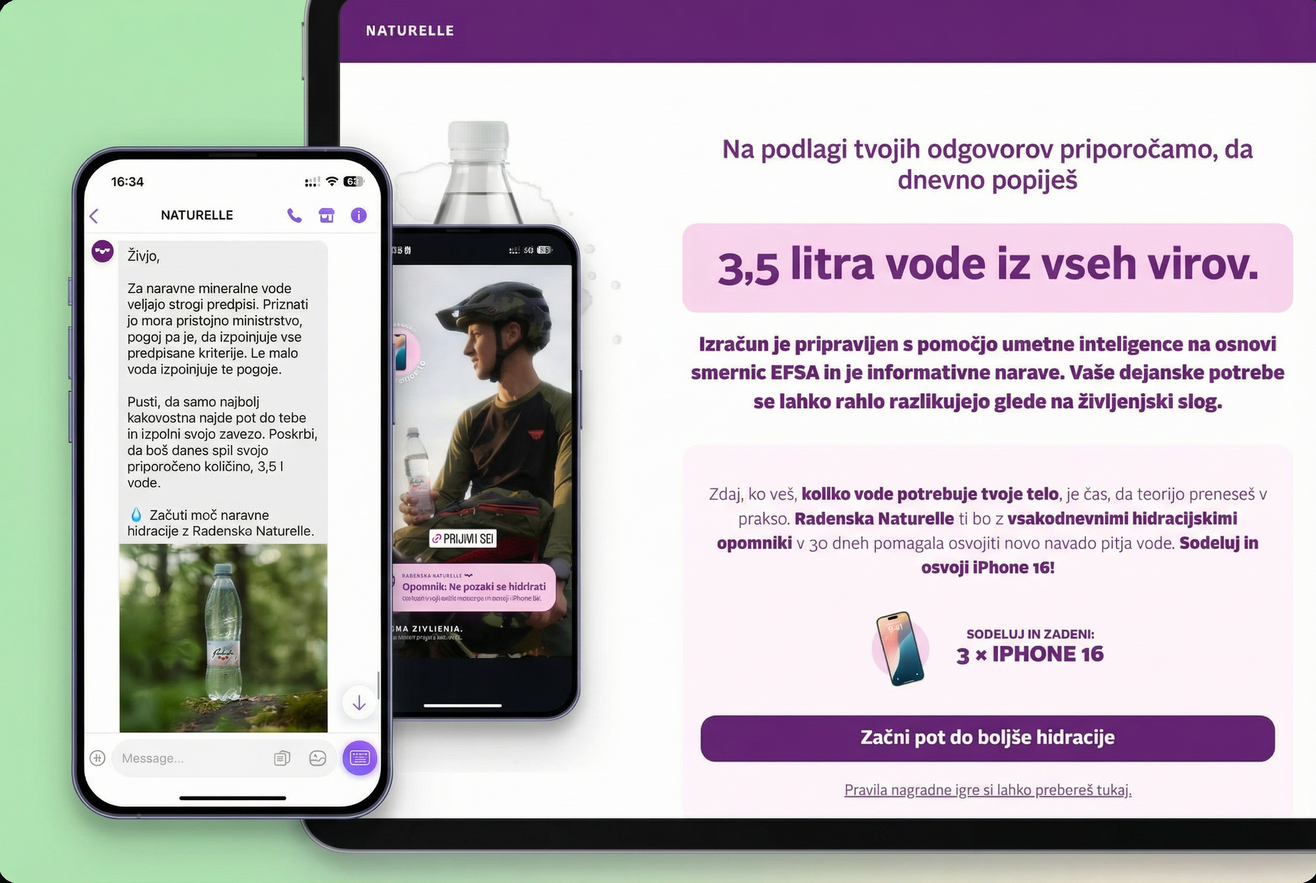 Mobilni telefoni in tablični računalniki prikazujejo oglas za vodo; oseba pije vodo na prostem.