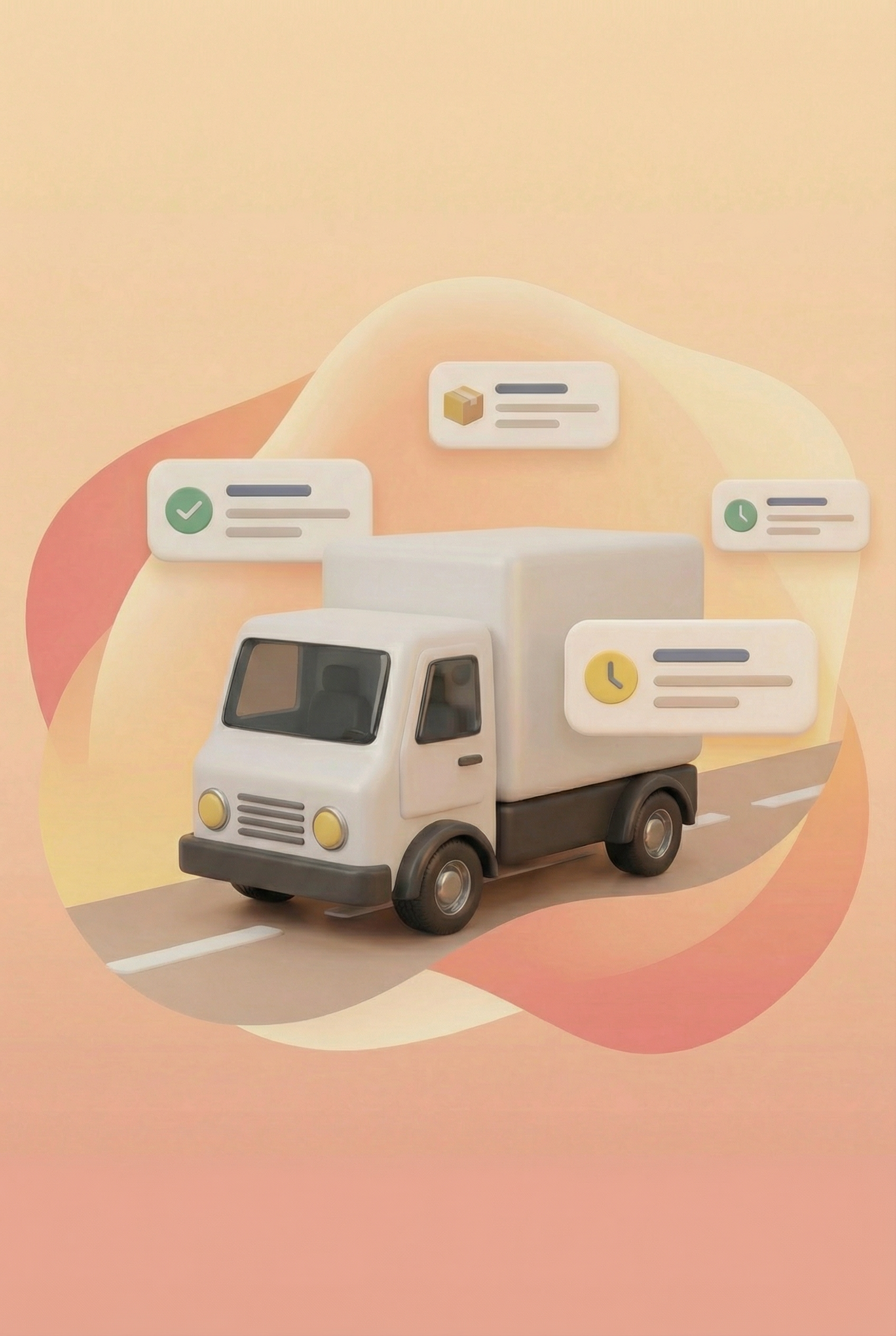 Bel dostavni tovornjak na cesti, obdan s plavajočimi ikonami za obvestila.