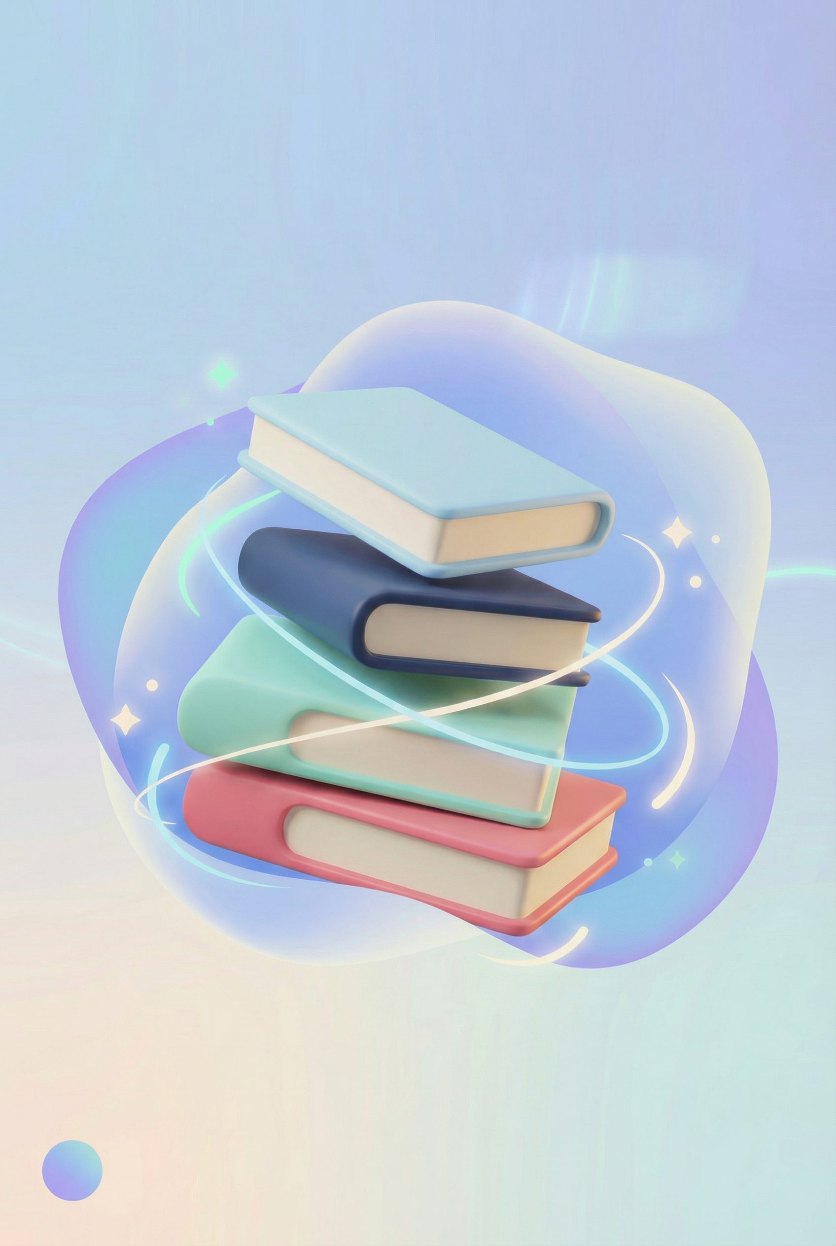 Kup pisanih knjig, obkrožen z žarečimi modrimi vrtinci, na gradientnem ozadju.