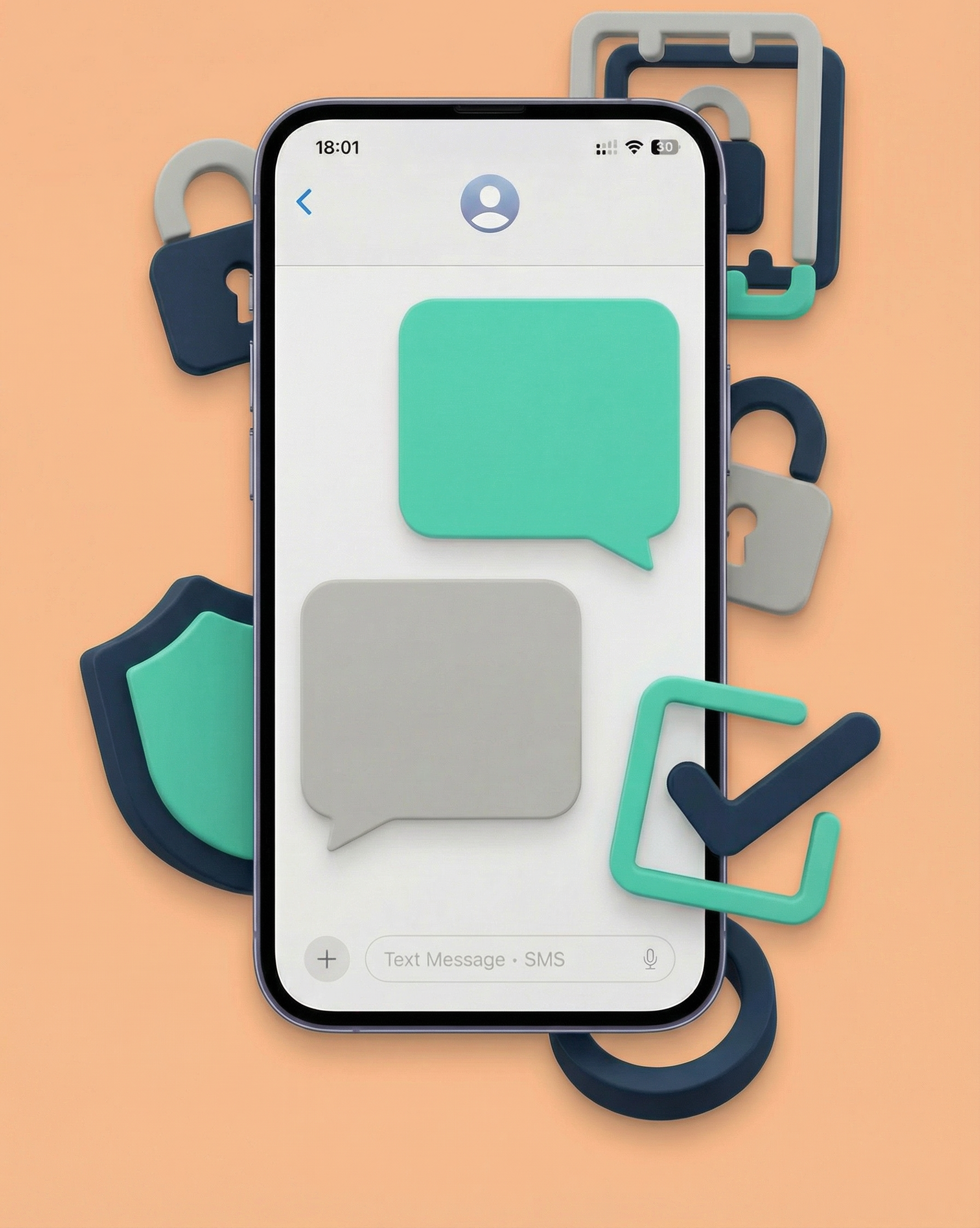 Pametni telefon z mehurčki za klepet, varnostnimi ikonami, kot so ključavnice, ščit in kljukica.