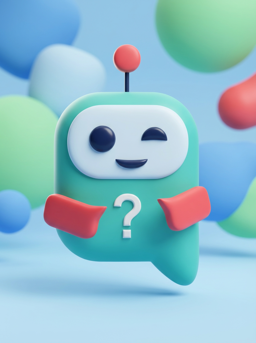 Simpatičen teal klepetalni robot z mežikom, vprašajem in rdečimi poudarki na pisanem, abstraktnem ozadju.