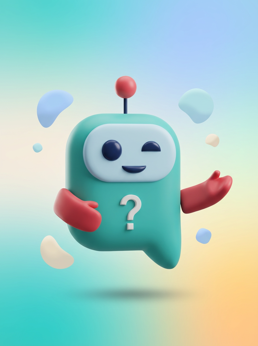 Turkizni risani robot, ki pomežikne z iztegnjeno roko in vprašajem, obdan s pisanimi madeži.