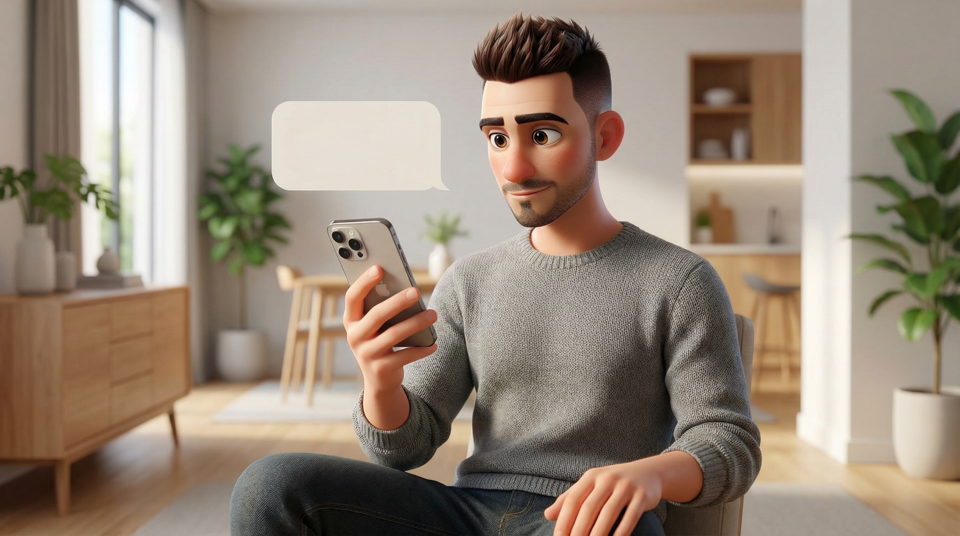 Moški v sivem puloverju gleda v telefon, miselni mehurček nad glavo, notranji bivalni prostor.
