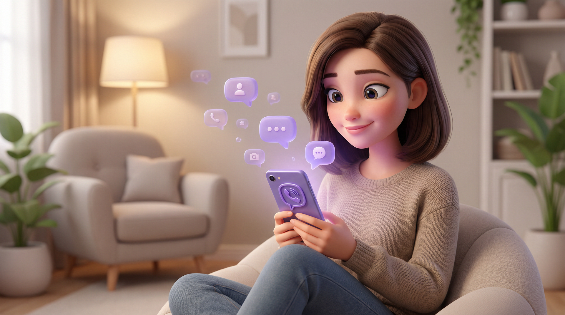 Ženska uporablja telefon, lebdeče ikone družbenih medijev. Sedi v zaprtih prostorih, se smeji, osvetljena s sijem telefona.