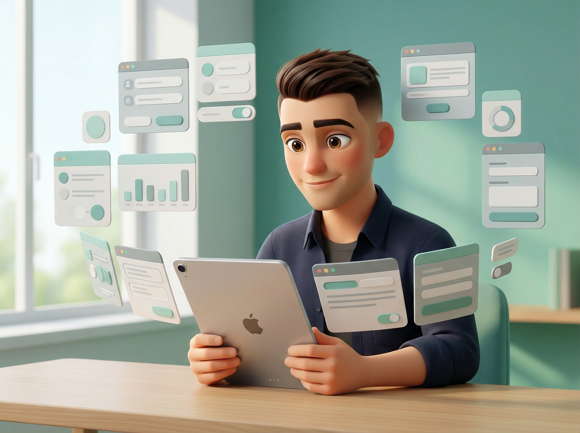 Moški, ki uporablja tablico, obkrožen s plavajočimi maketami vmesnikov, se smeji v svetlo osvetljeni pisarni.