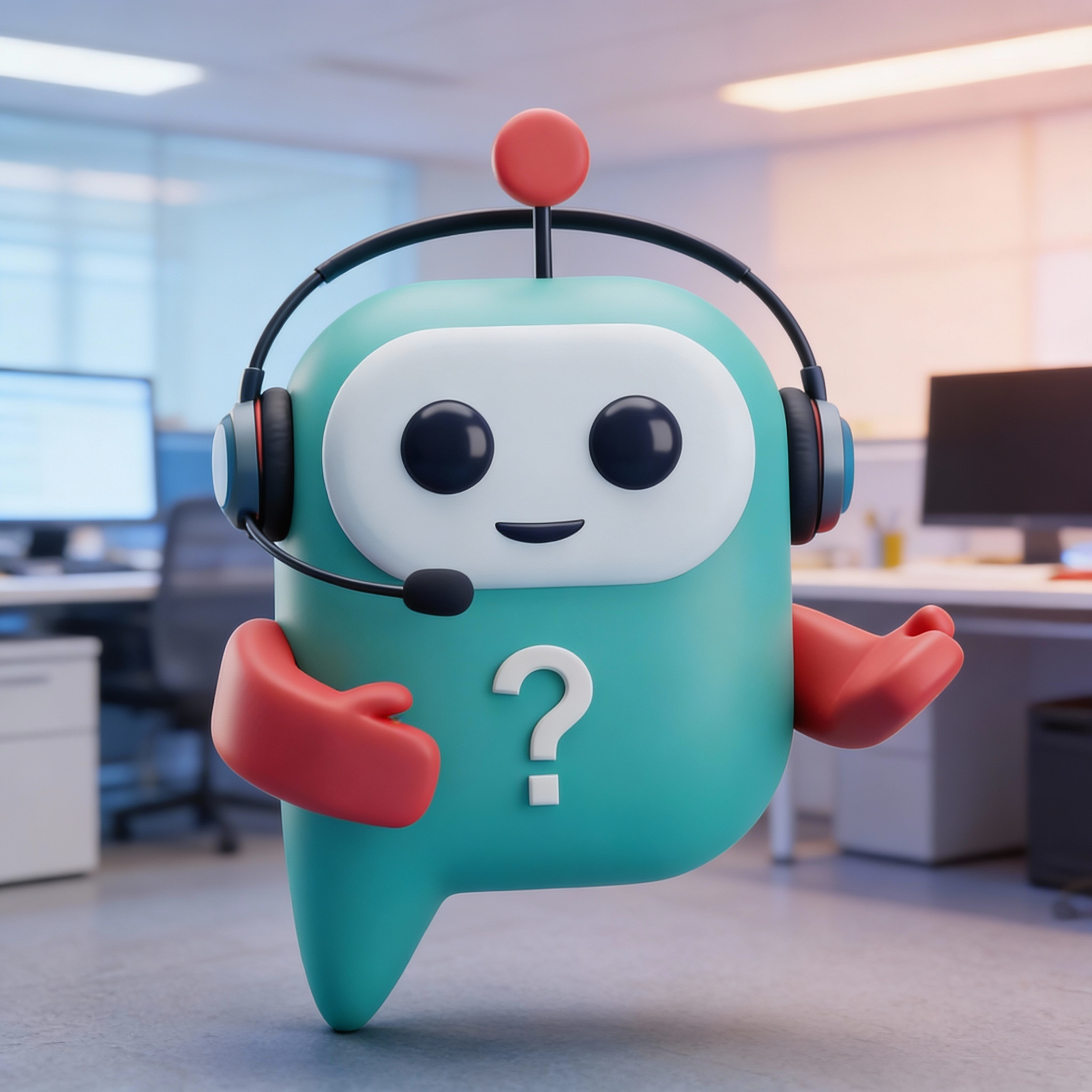 Simpatičen teal klepetalni robot s slušalkami, vprašajem in iztegnjenimi rokami v pisarniškem okolju.