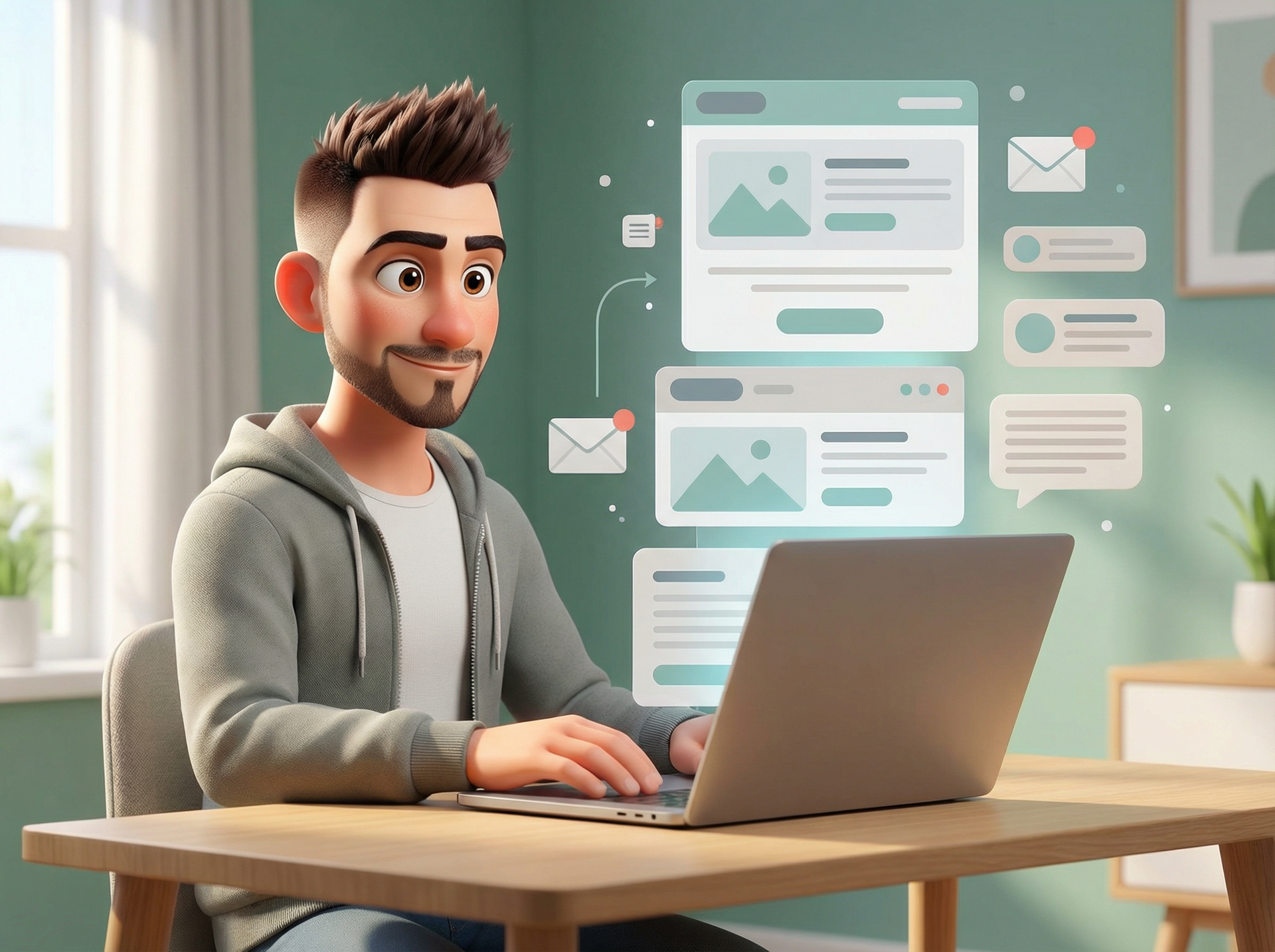 Moški dela na prenosniku, naokoli pa lebdijo makete spletnih strani.