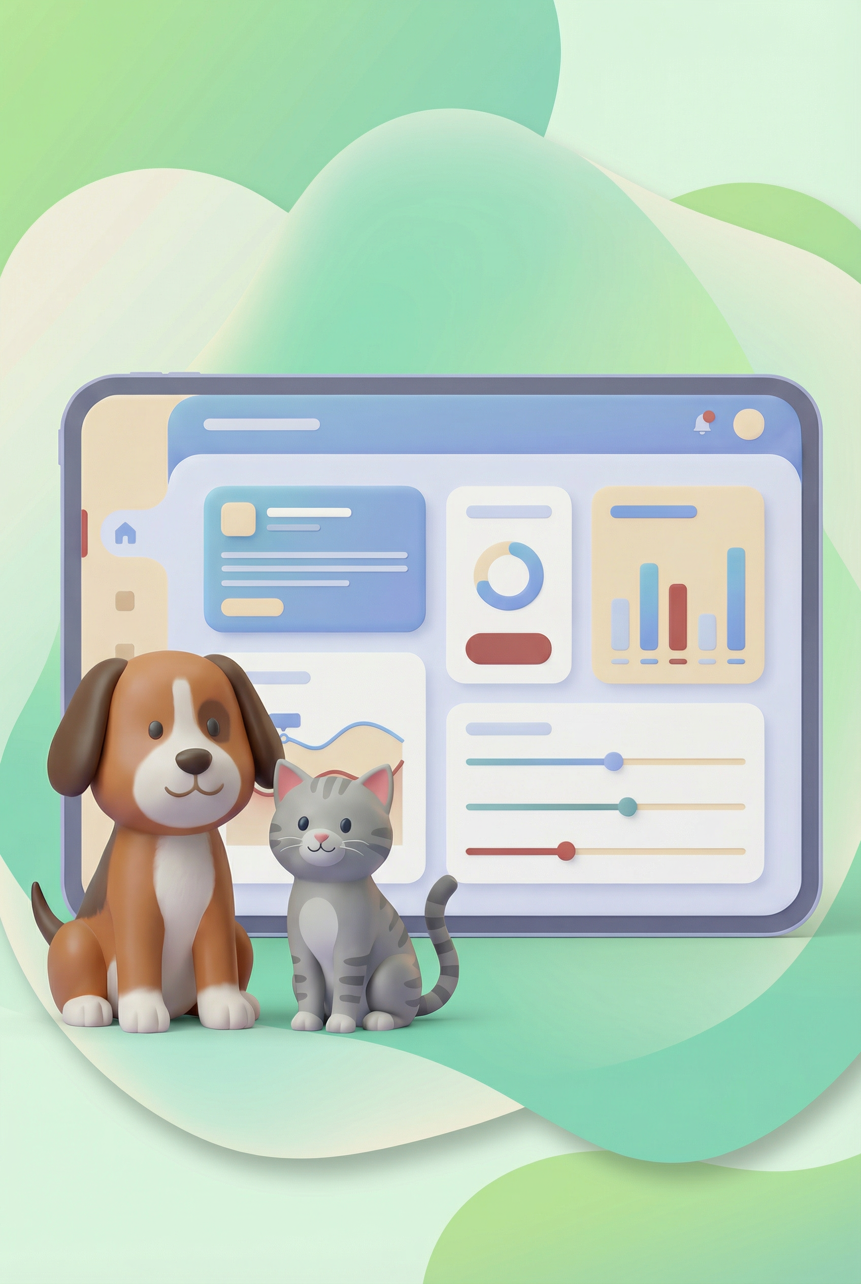 Pes in mačka sedita blizu računalniškega zaslona, ​​ki prikazuje podatkovne grafikone na zelenem gradientnem ozadju.