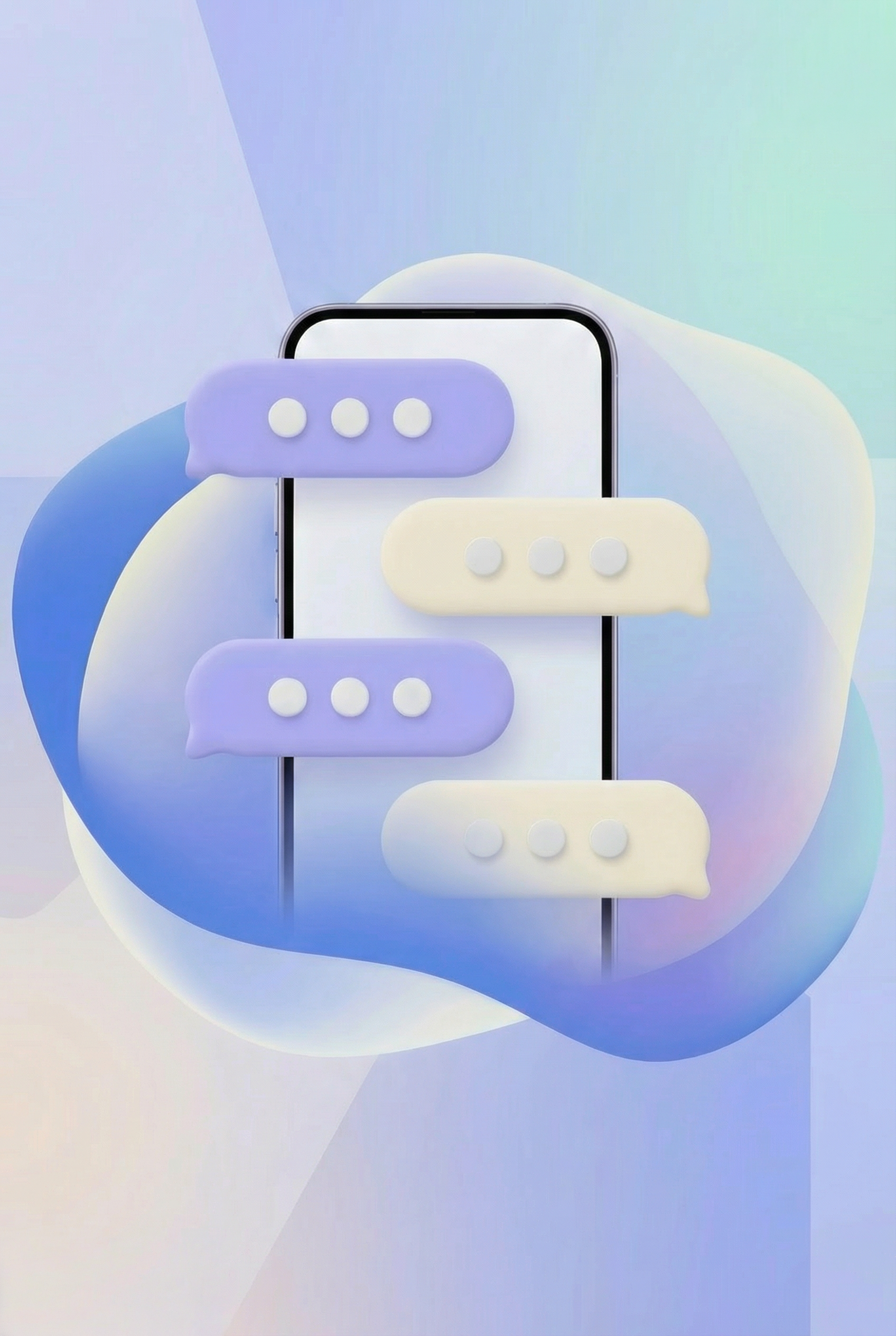 Pametni telefon, ki prikazuje mehurčke klepeta na modro-belem abstraktnem ozadju.