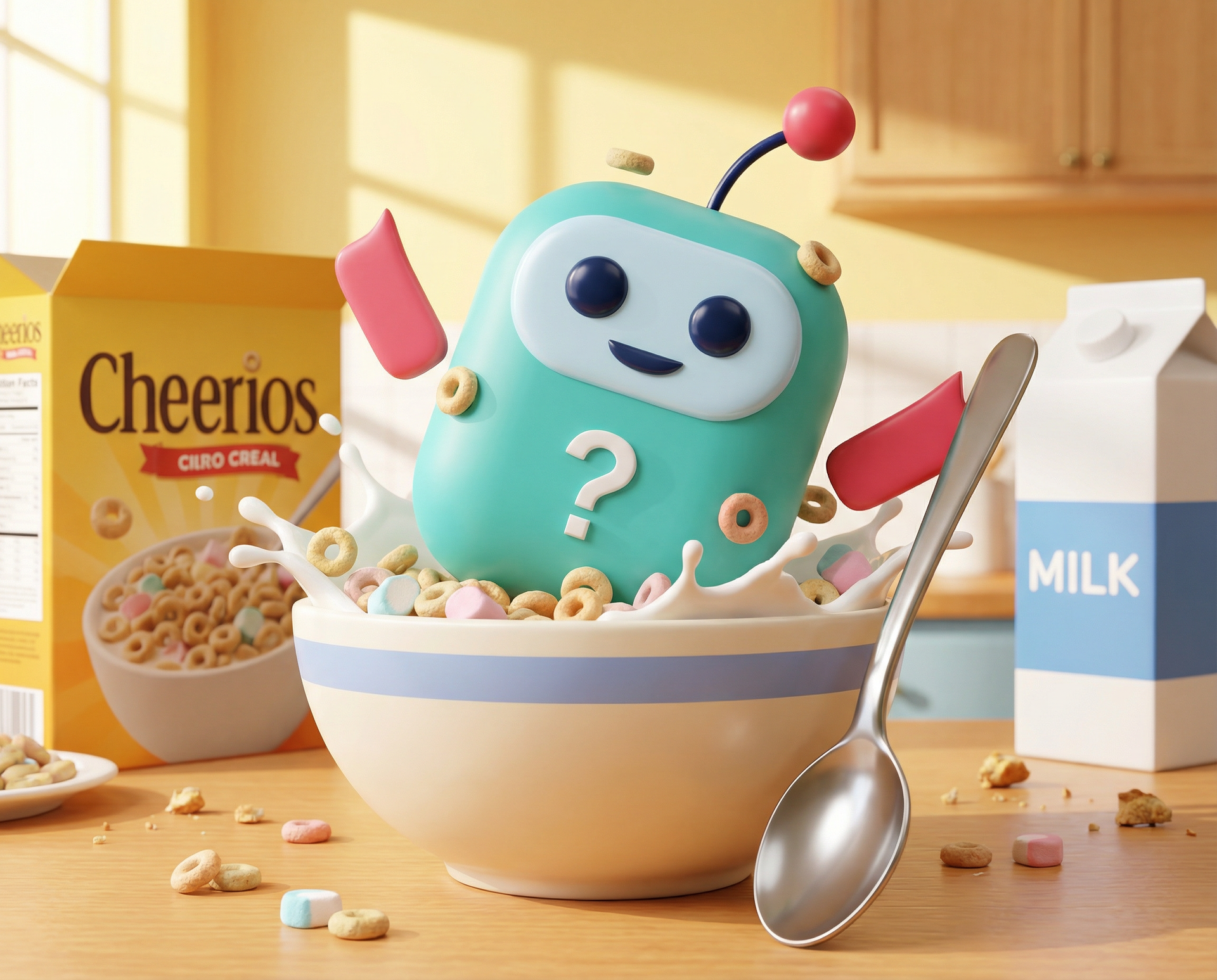 Robot v skledi z kosmiči, obdan s žitaricami in mlekom. Robot, podoben risanemu, se smeji z vprašajem na prsih.