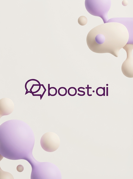 Logotip za boost.ai, vijolično-bela oblika govornega mehurčka. V ozadju so svetlo vijolični in beli mehurčki in oblike.