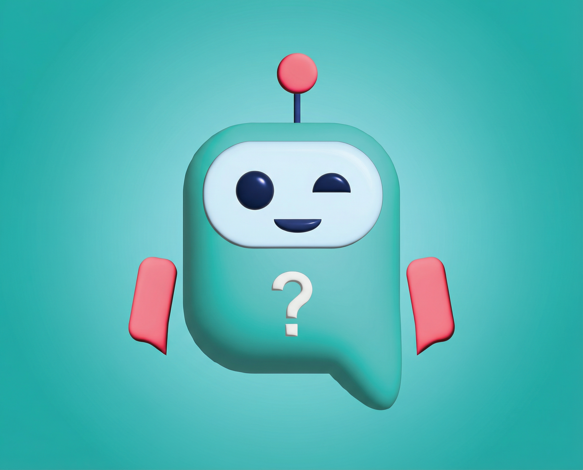 Moder risani robot z vprašajem, ki mežika z iztegnjenimi rokami na modrozelenem ozadju.