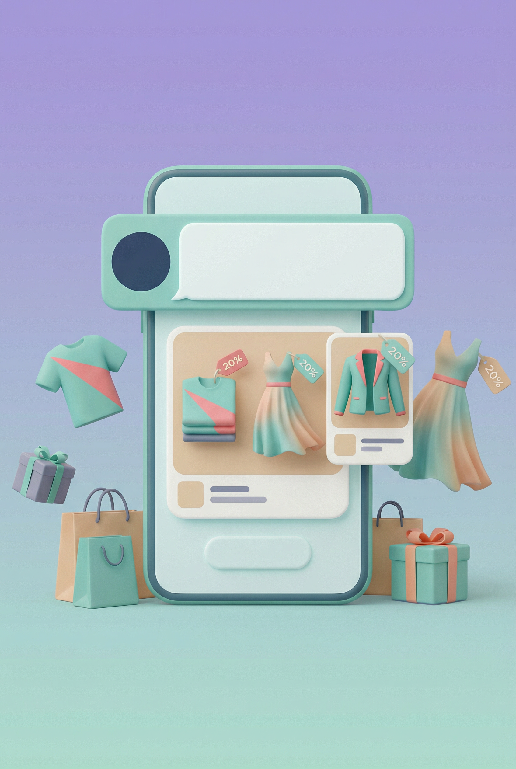 3D-ilustracija pametnega telefona, ki prikazuje spletno trgovino z oblačili in nakupovalnimi vrečkami na gradientnem ozadju.