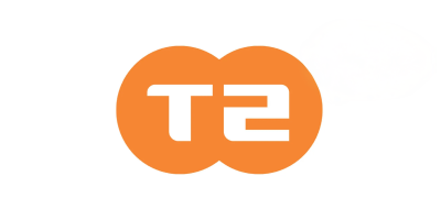 Logotip nemškega televizijskega kanala ZDFneo z belimi črkami "T2" znotraj dveh povezanih oranžnih krogov.