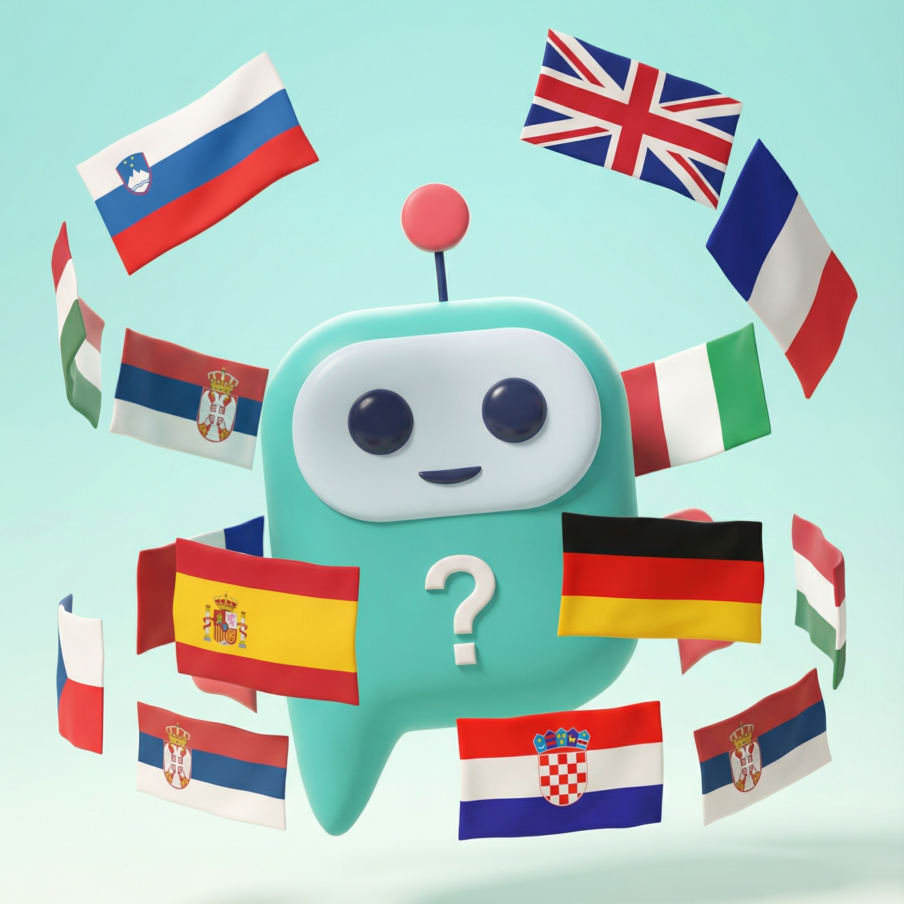 Nasmejani modri robot, obdan z zastavami različnih držav; na prsih ima vprašaj.
