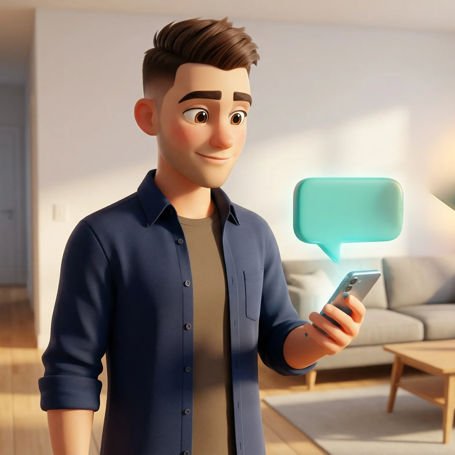 Animirani moški v modri majici drži telefon in gleda v lebdeči modrozeleni govorni mehurček. Notranjost s kavčem.