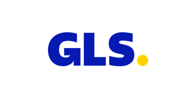 Logotip GLS s temno modrimi črkami in rumeno piko.