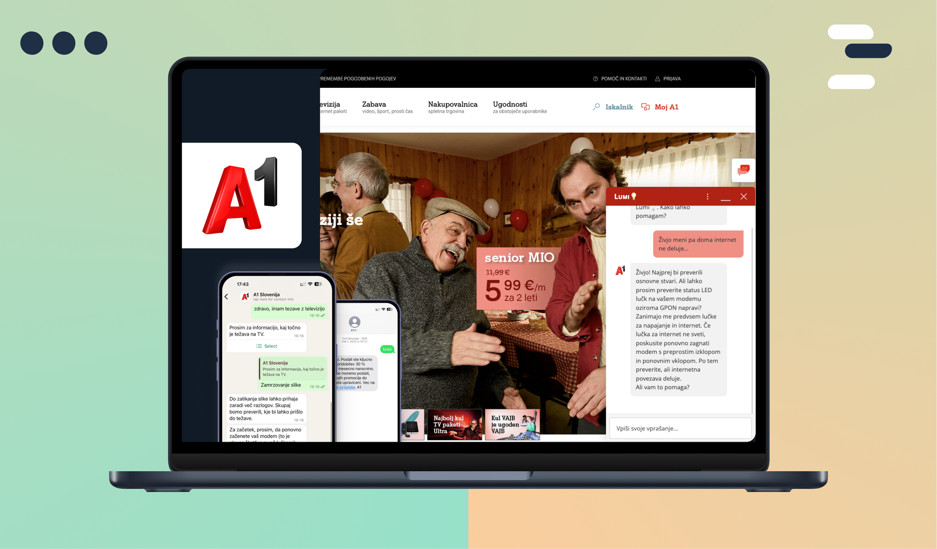 Prenosnik z logotipom A1, ki prikazuje družinski prizor, okno za klepet in zaslon telefona.