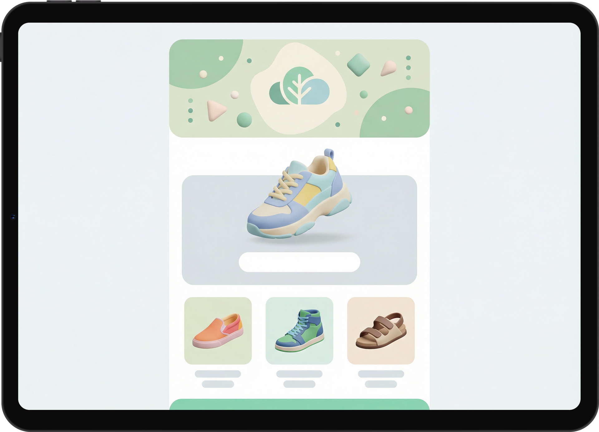 Zaslon tabličnega računalnika, ki prikazuje stran izdelka z modrimi, rumenimi in belimi sličicami superg in izdelka.