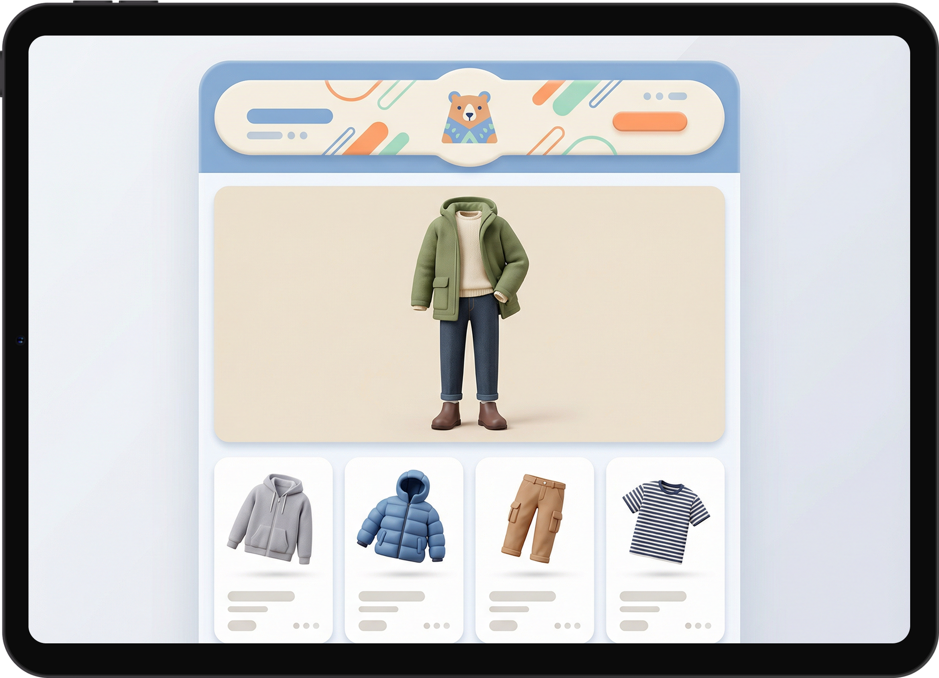 Zaslon tabličnega računalnika, ki prikazuje priporočila za oblačila, vključno z zeleno jakno in modrimi kavbojkami.