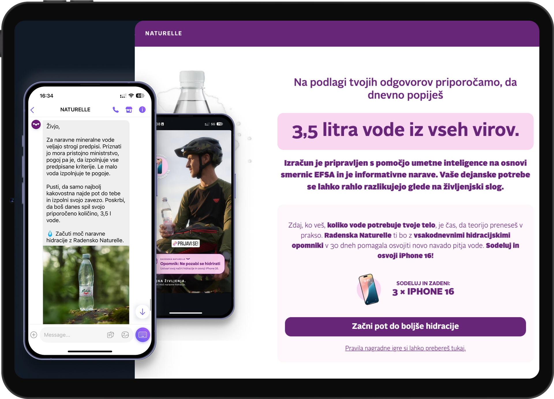 Pametni telefon in tablica, ki prikazujeta oglas za vodo: besedilo, steklenica, moški in »3,5 litra vode«.