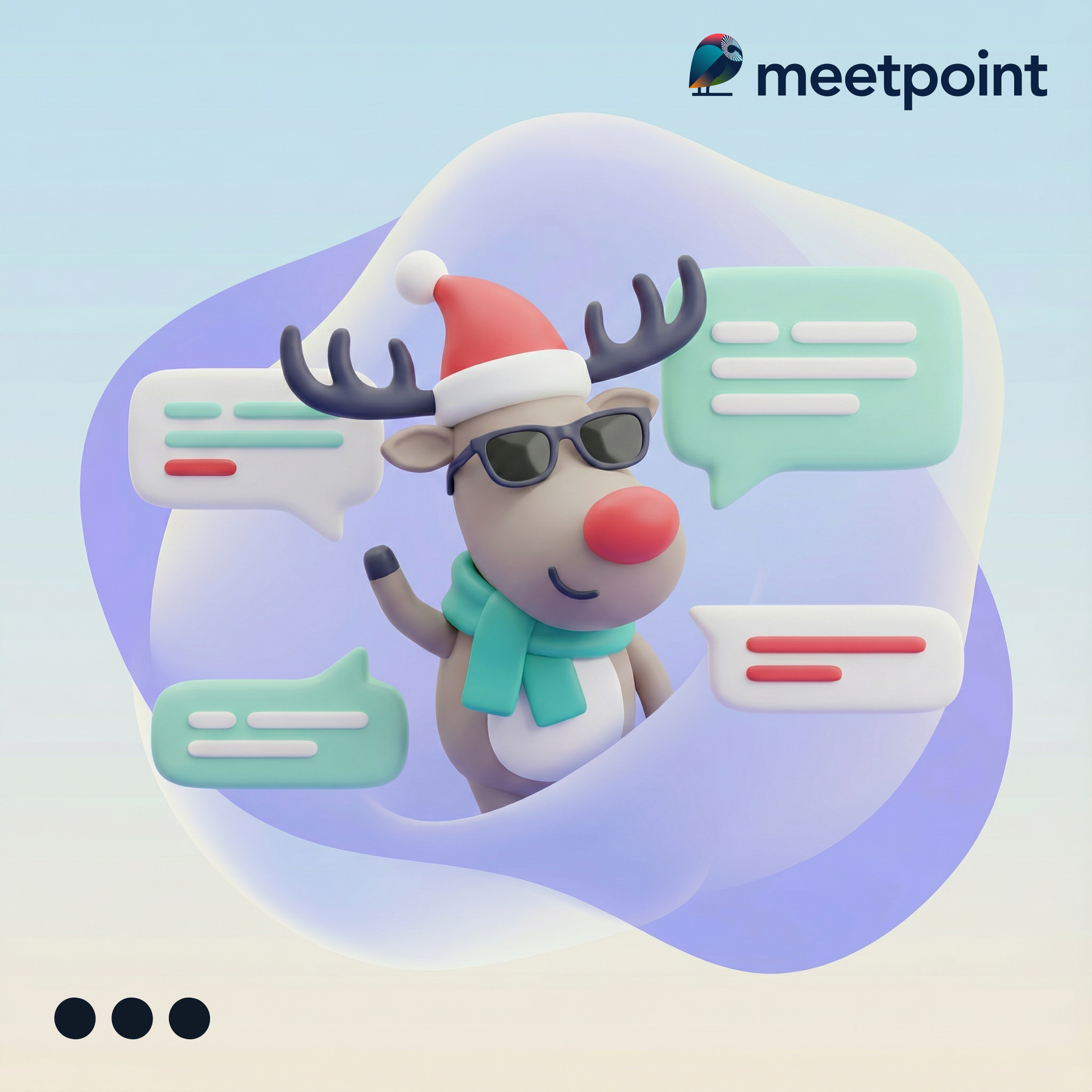 Risani severni jelen v Božičkovi kapi in sončnih očalih, obdan z govornimi mehurčki.