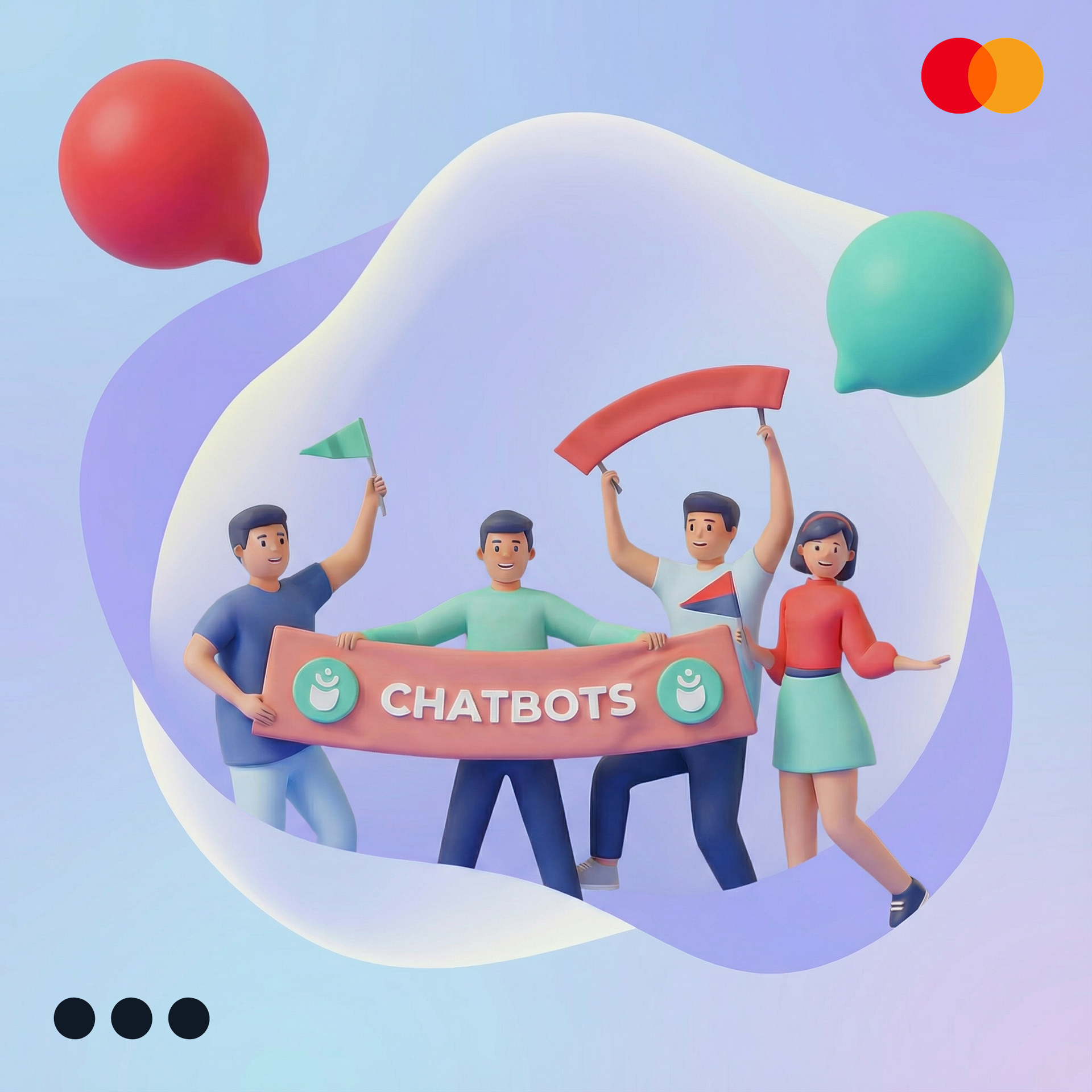 Skupina ljudi drži transparent z napisom »Klepetalni roboti«. Obdajajo jih lebdeči govorni mehurčki in abstraktne oblike.