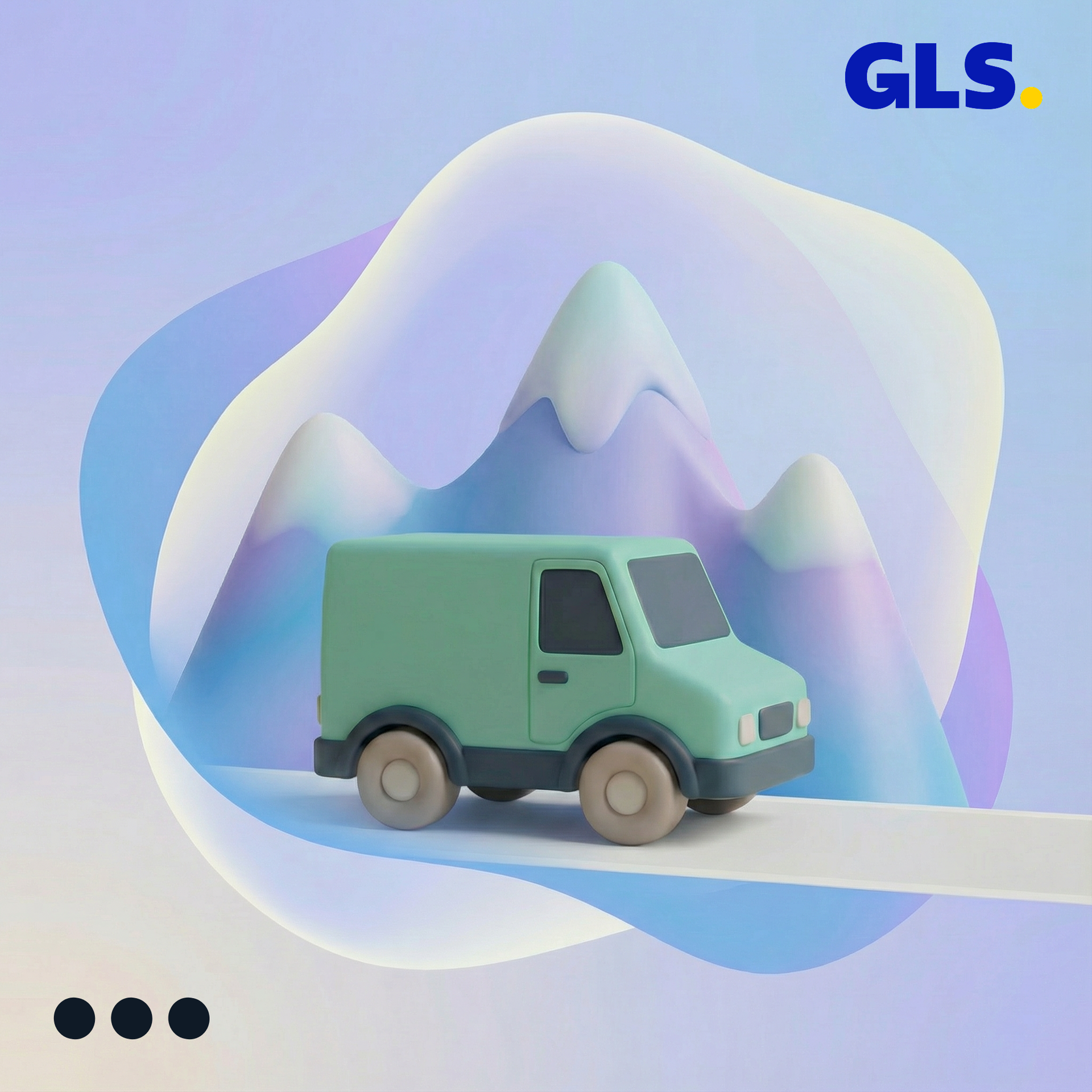 Zelen dostavni kombi vozi pred abstraktnimi, gorskim oblikami, z logotipom GLS v kotu.