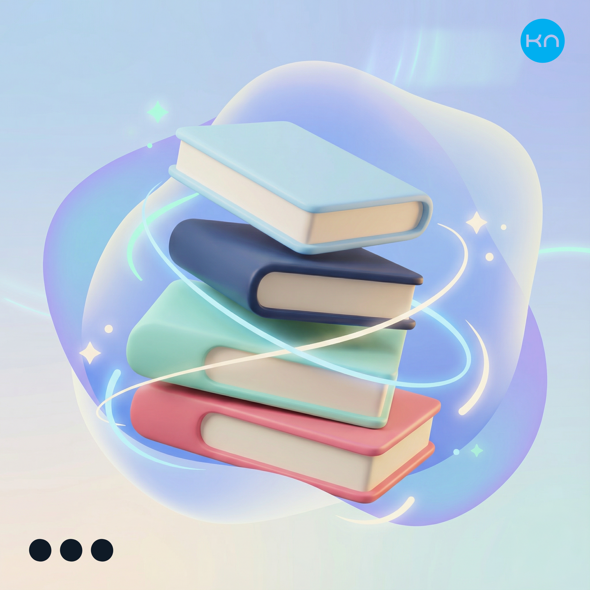 Kup pisanih risanih knjig z vrtinčastimi črtami in iskricami na zamegljenem modrem ozadju.