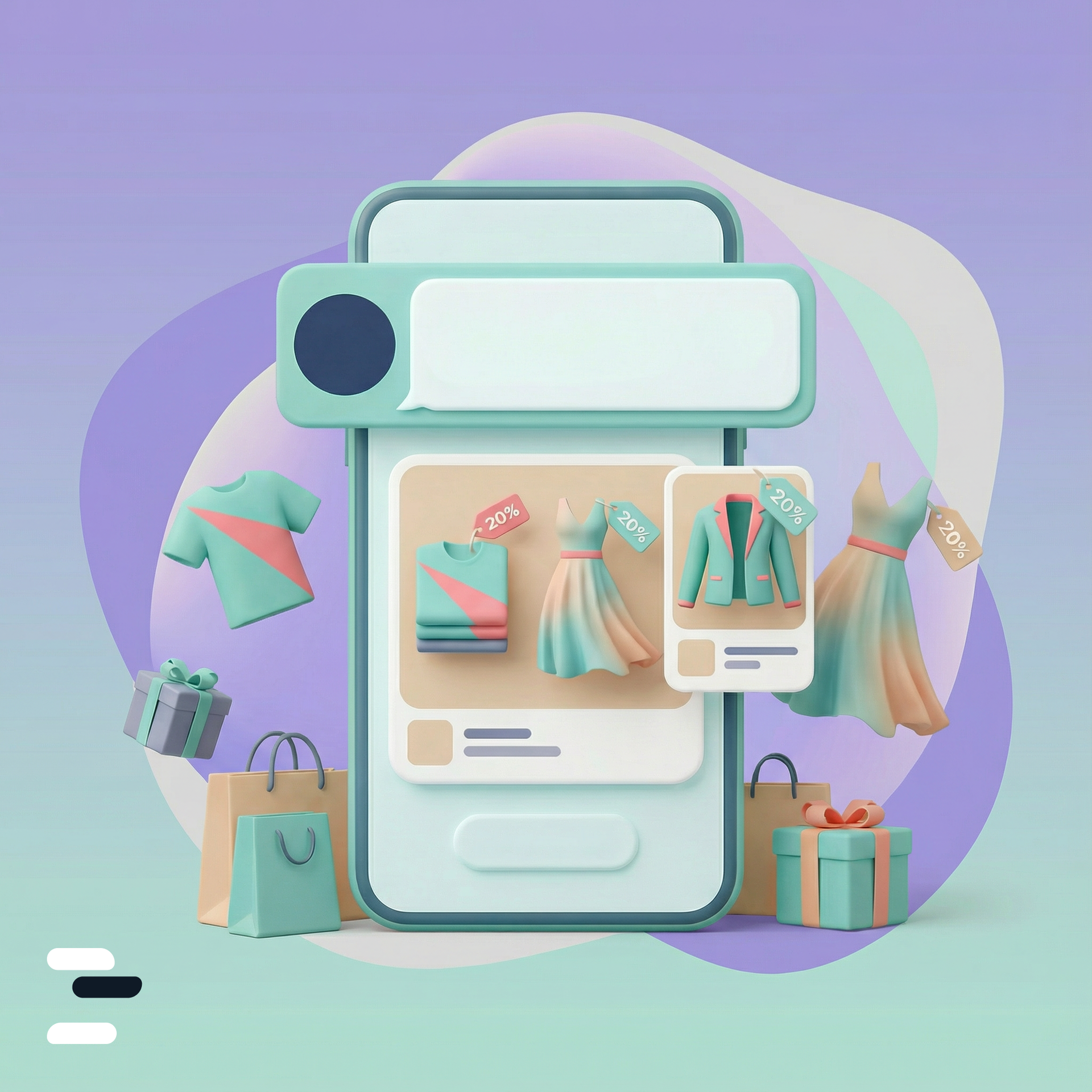Stiliziran telefon z vmesnikom spletne trgovine z oblačili, lebdečimi oblačili, darilnimi škatlami in nakupovalnimi vrečkami.