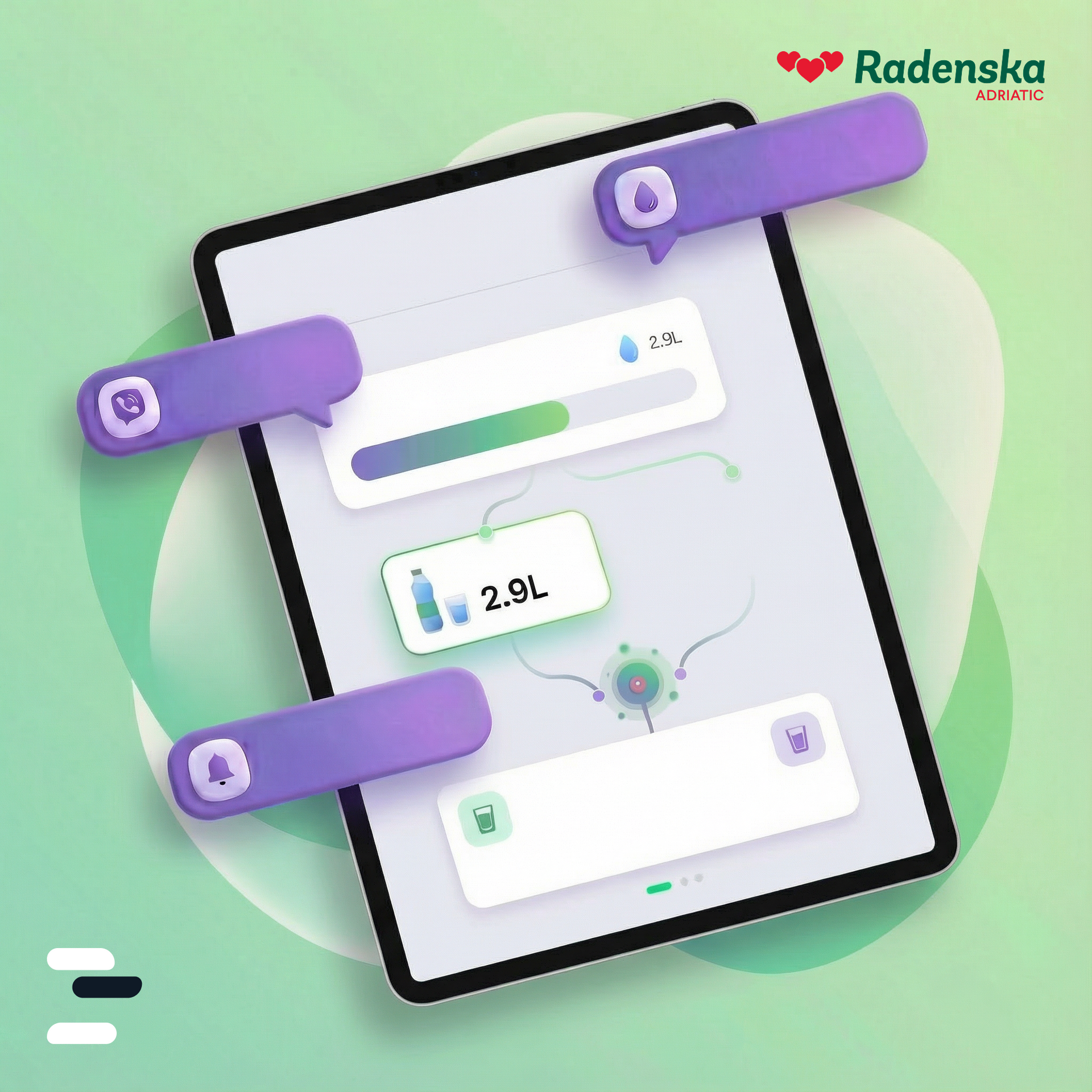 Vmesnik tabličnega računalnika za sledenje vnosa vode s plavajočimi vijoličnimi govornimi mehurčki. Logotip Radenske.