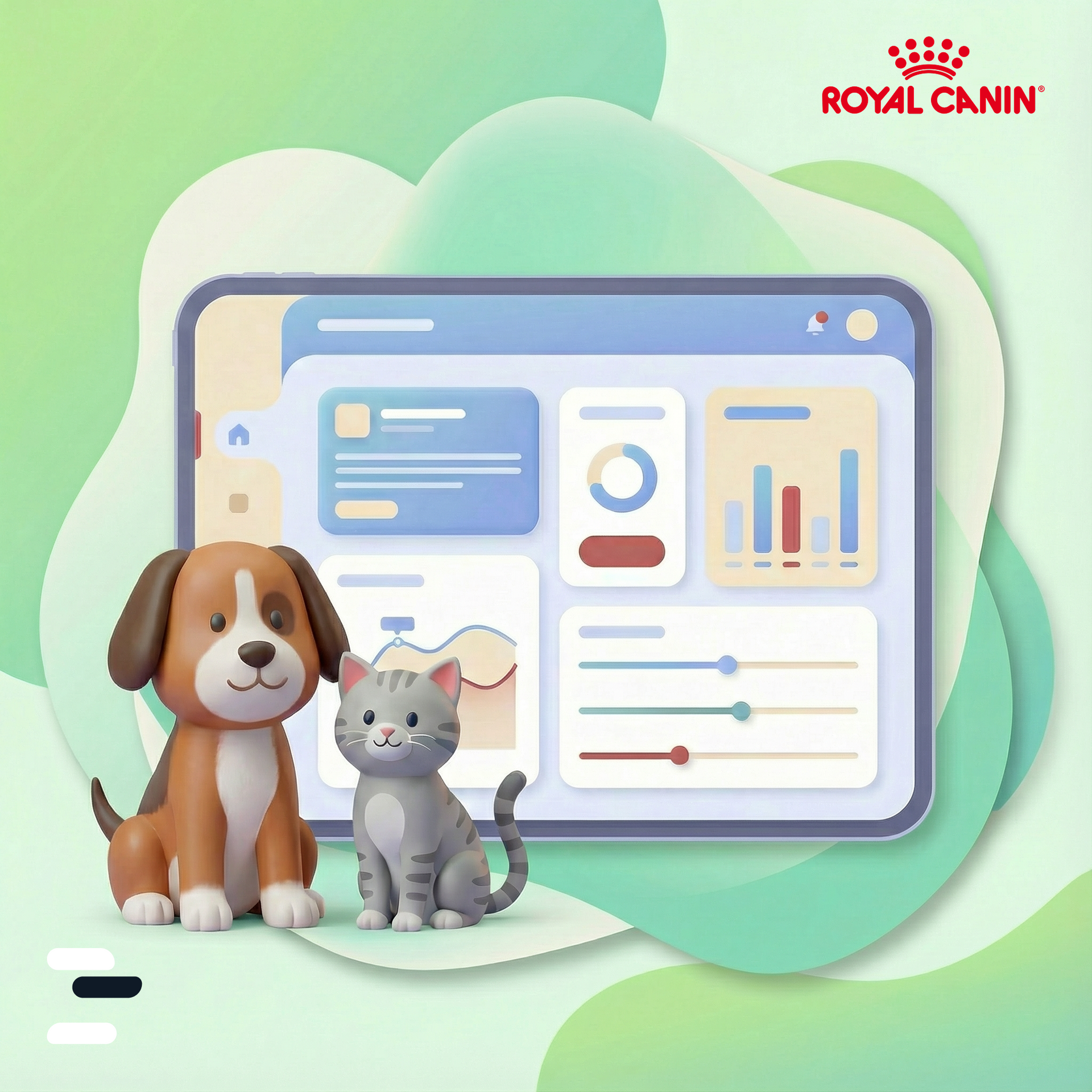 Pes in mačka poleg tablice, ki prikazuje podatke in grafikone, logotip Royal Canin zgoraj desno.