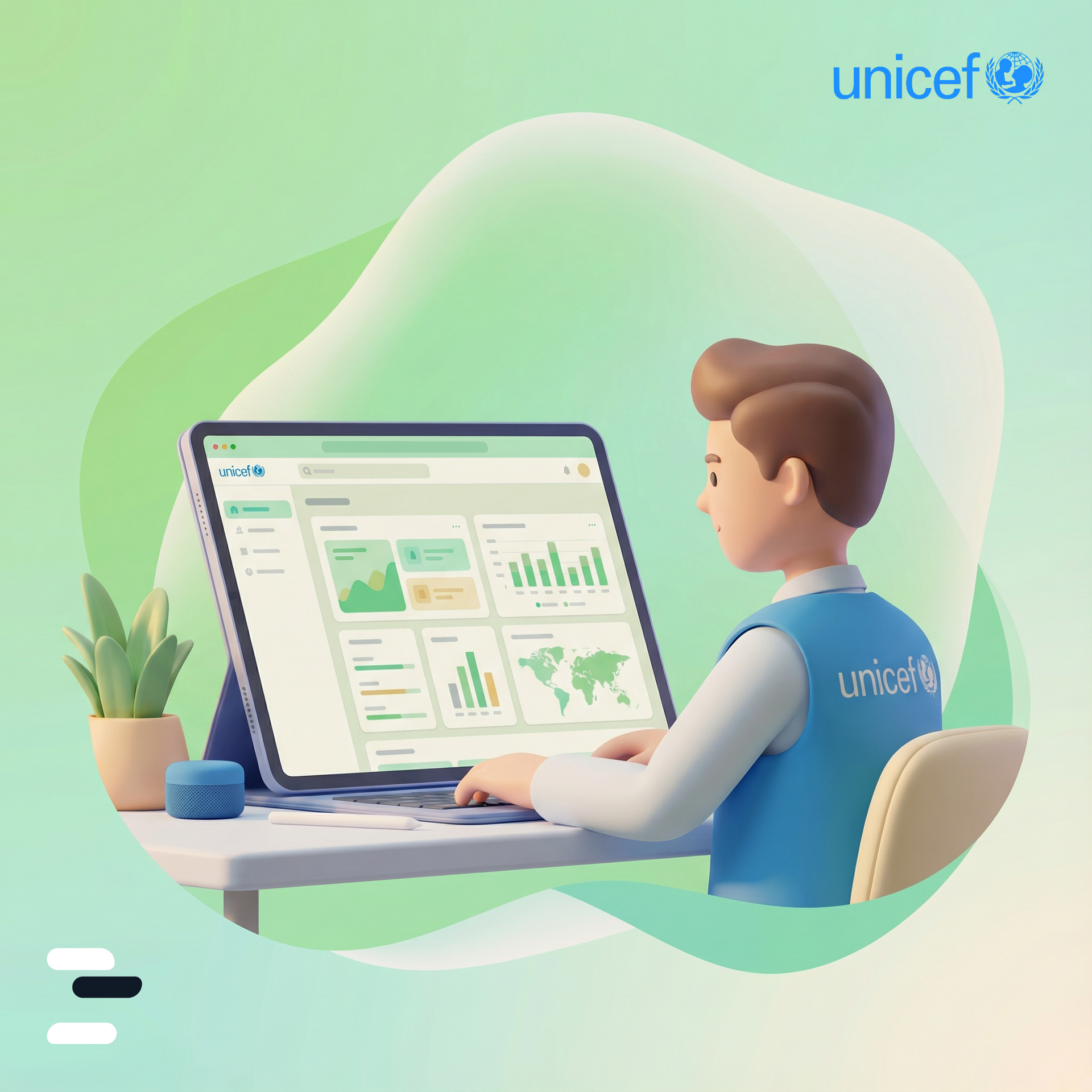 Oseba, ki uporablja tablico in prikazuje vizualizacije podatkov, nosi UNICEF-ov telovnik na svetlo zelenem ozadju.