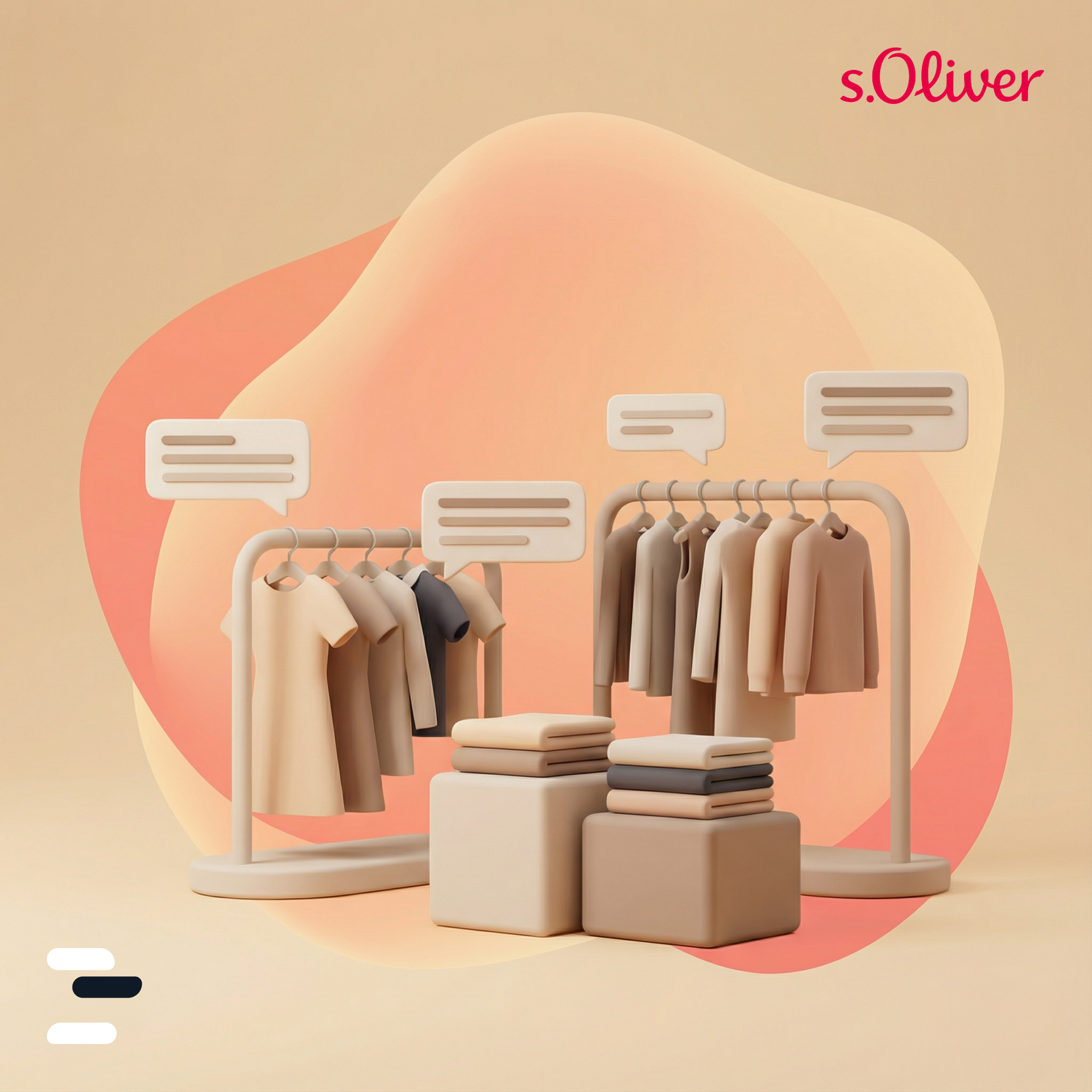 Stojala za oblačila z oblačili, zložena oblačila na podstavkih, oblački z besedilom in logotip s.Oliver.