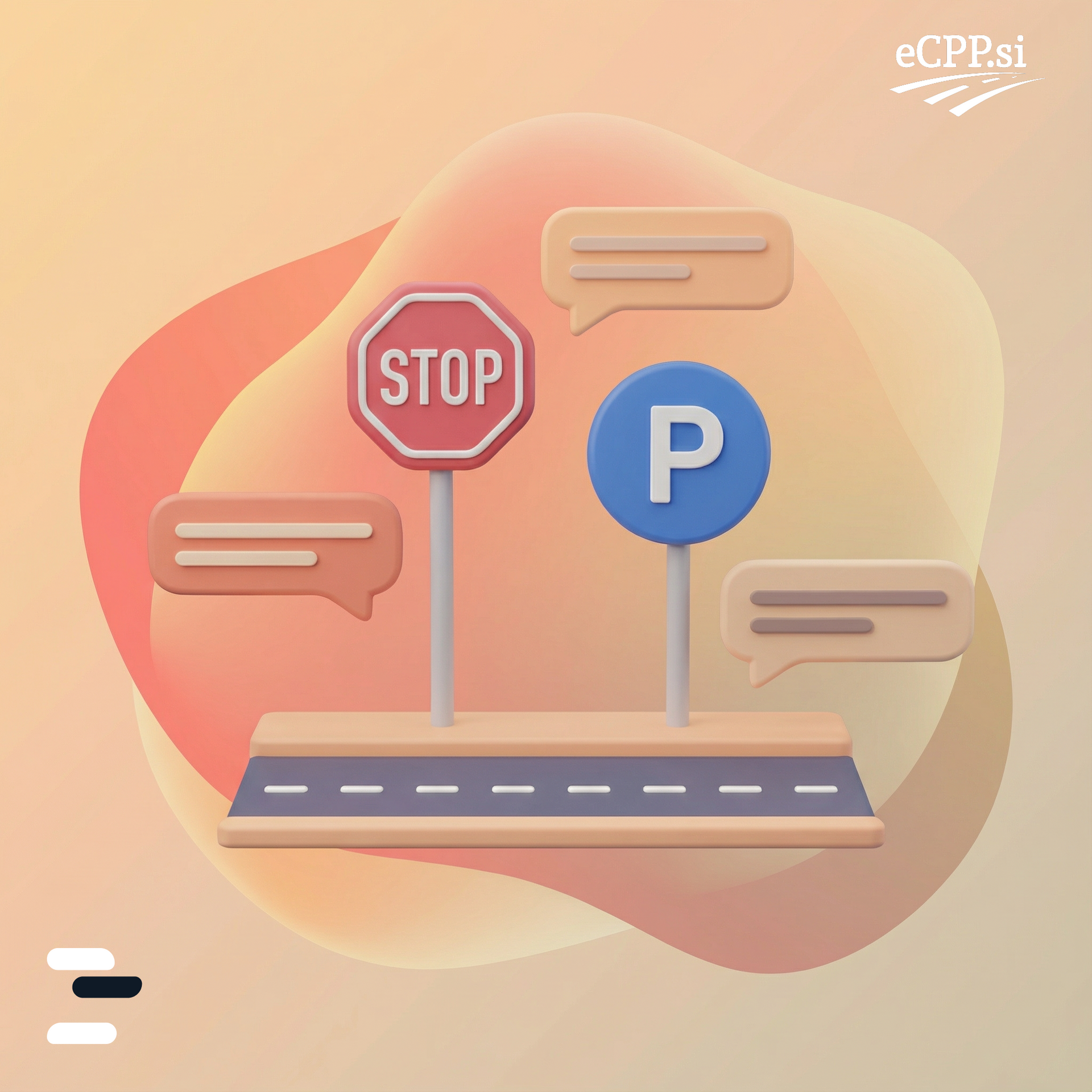 Znaki za ustavljanje in parkiranje na cesti, z govornimi mehurčki, na breskovi in bež ozadju.