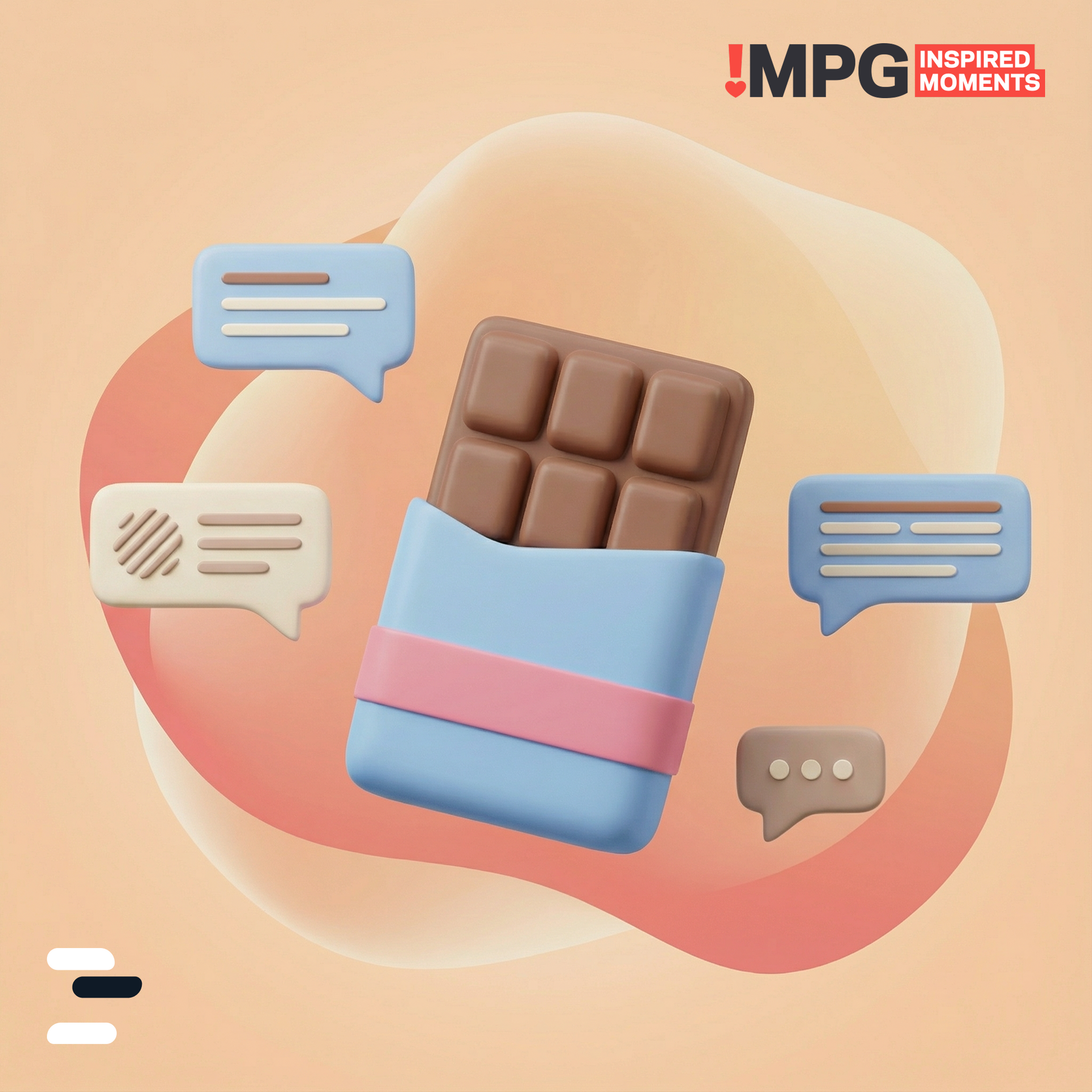 Čokoladna ploščica s klepetalnimi mehurčki, svetlo modrimi in roza poudarki, na abstraktnem ozadju.