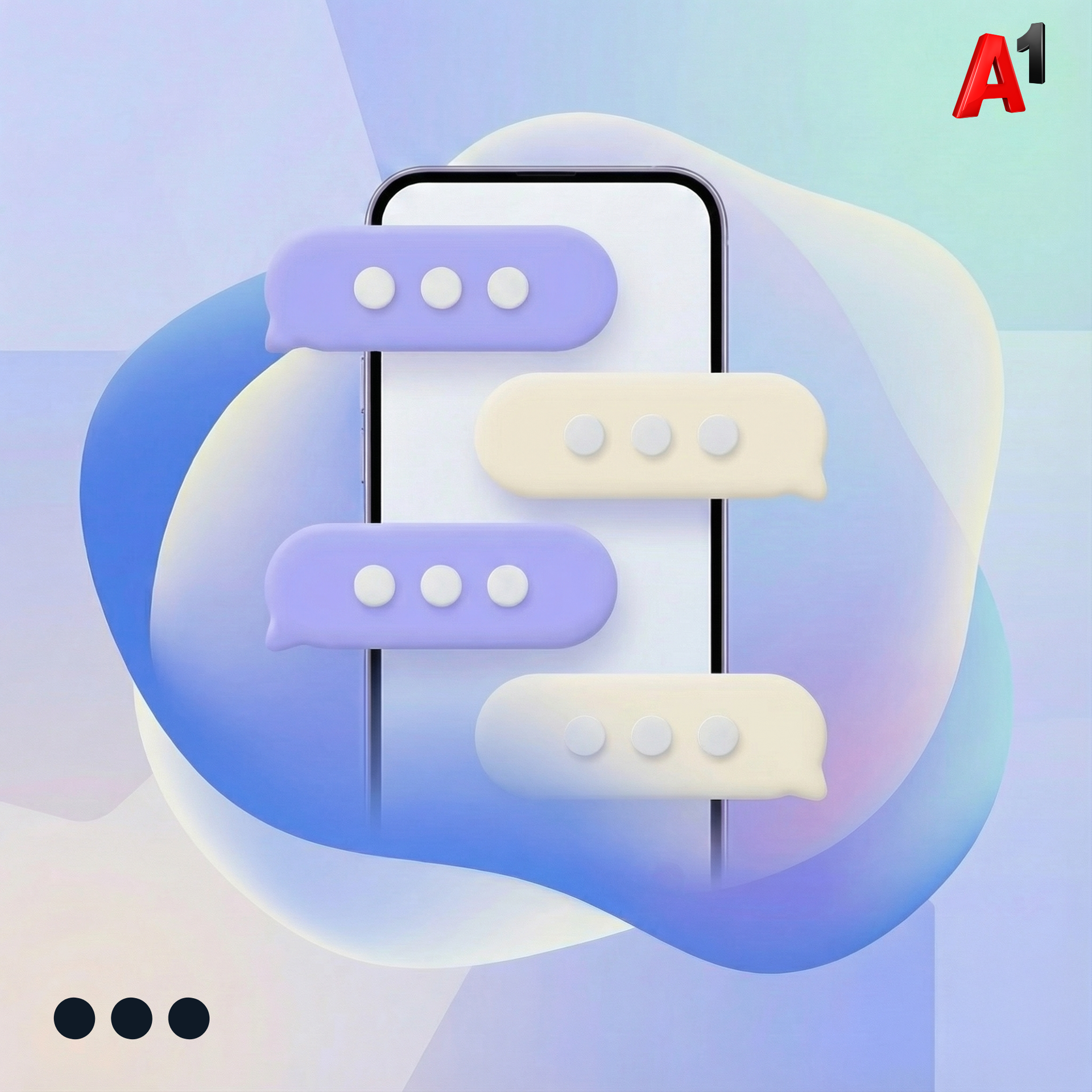 Pametni telefon z mehurčki za sporočila; vijolična in kremna barva, prosojno ozadje. Logotip A1.