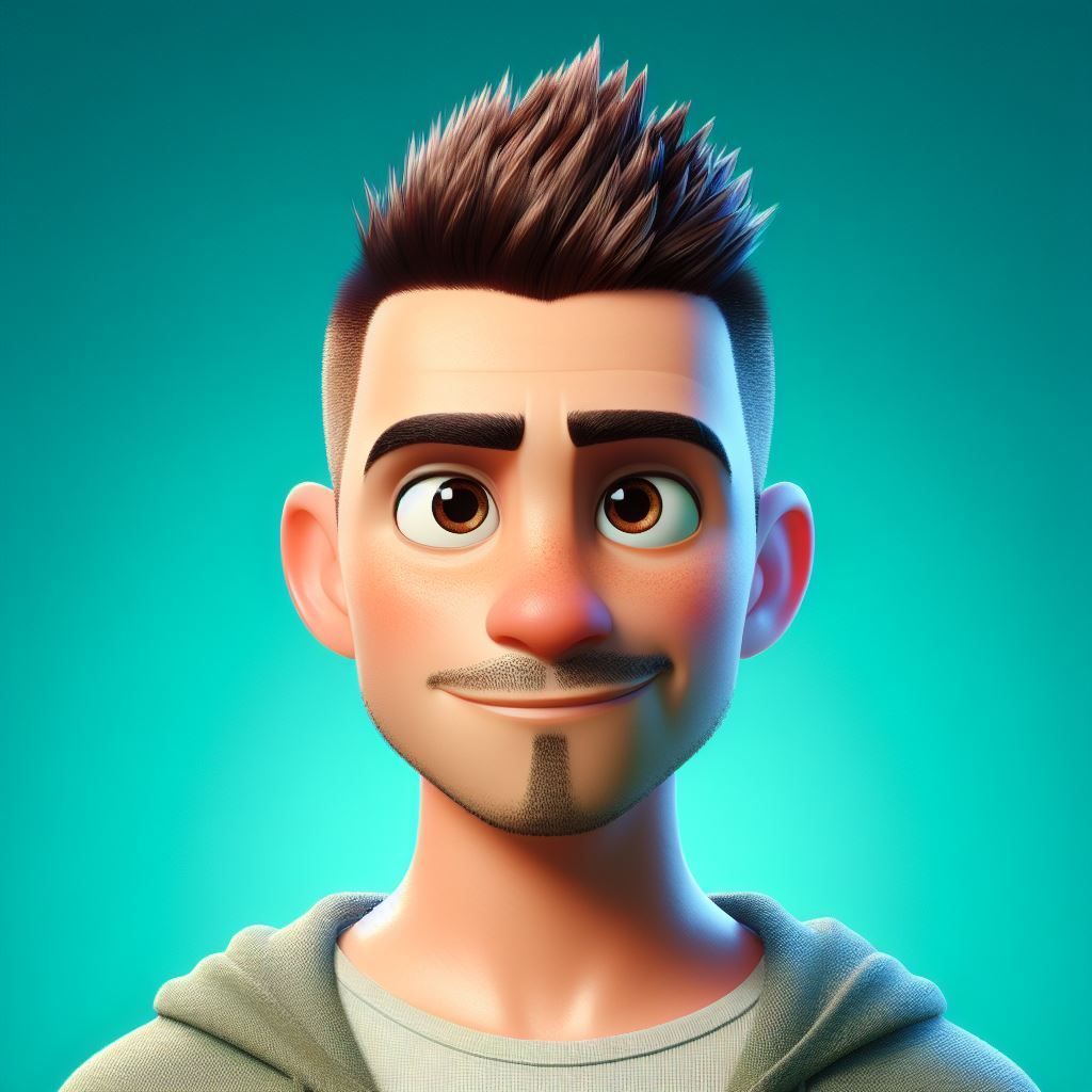 Animiran moški z rjavimi lasmi, kozjo bradico in nasmejanim obrazom, oblečen v sivo jopico s kapuco, na modrozelenem ozadju.