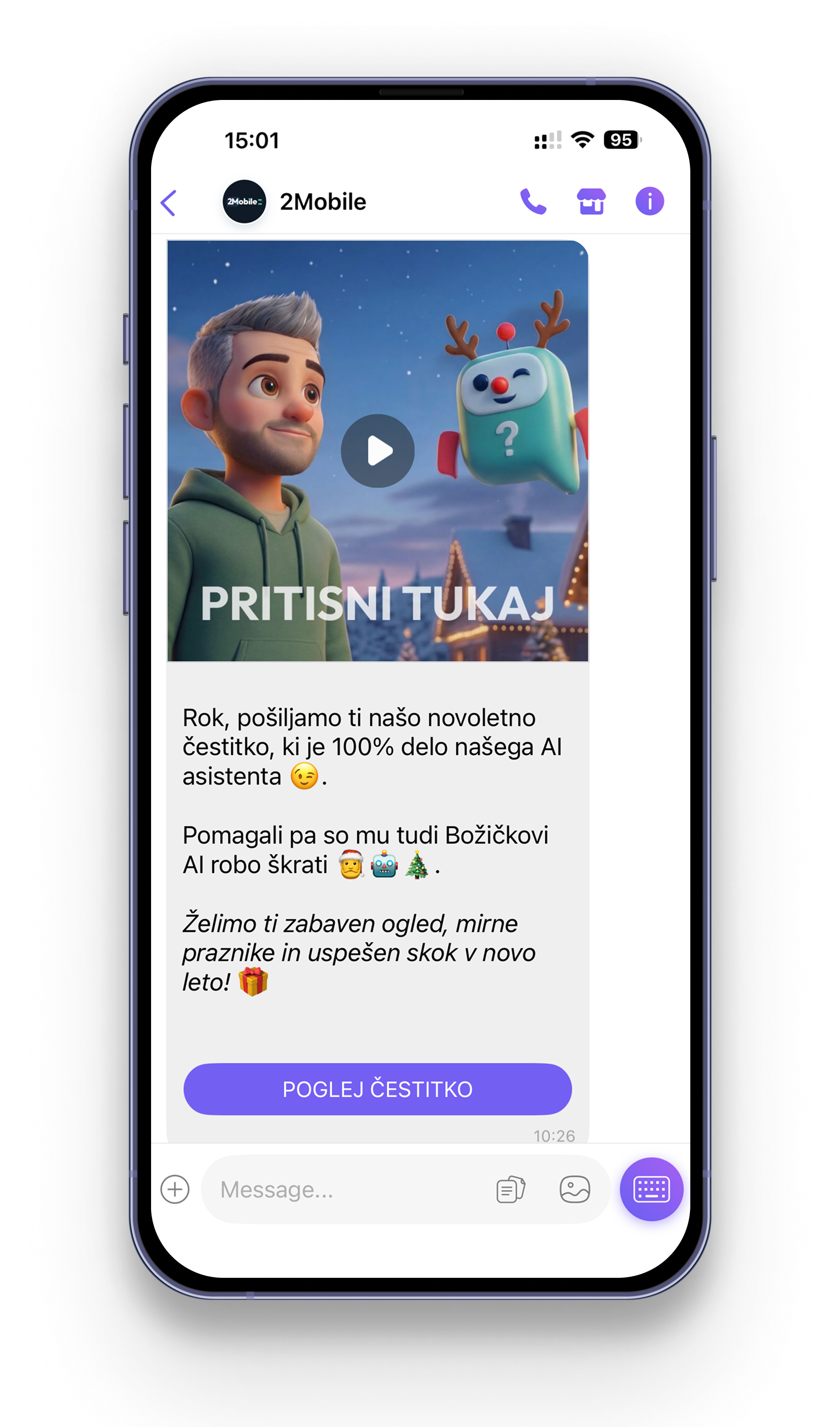 Posnetek zaslona klepeta z videoposnetkom in besedilom o zimskem počitniškem dogodku, prikazan na pametnem telefonu.