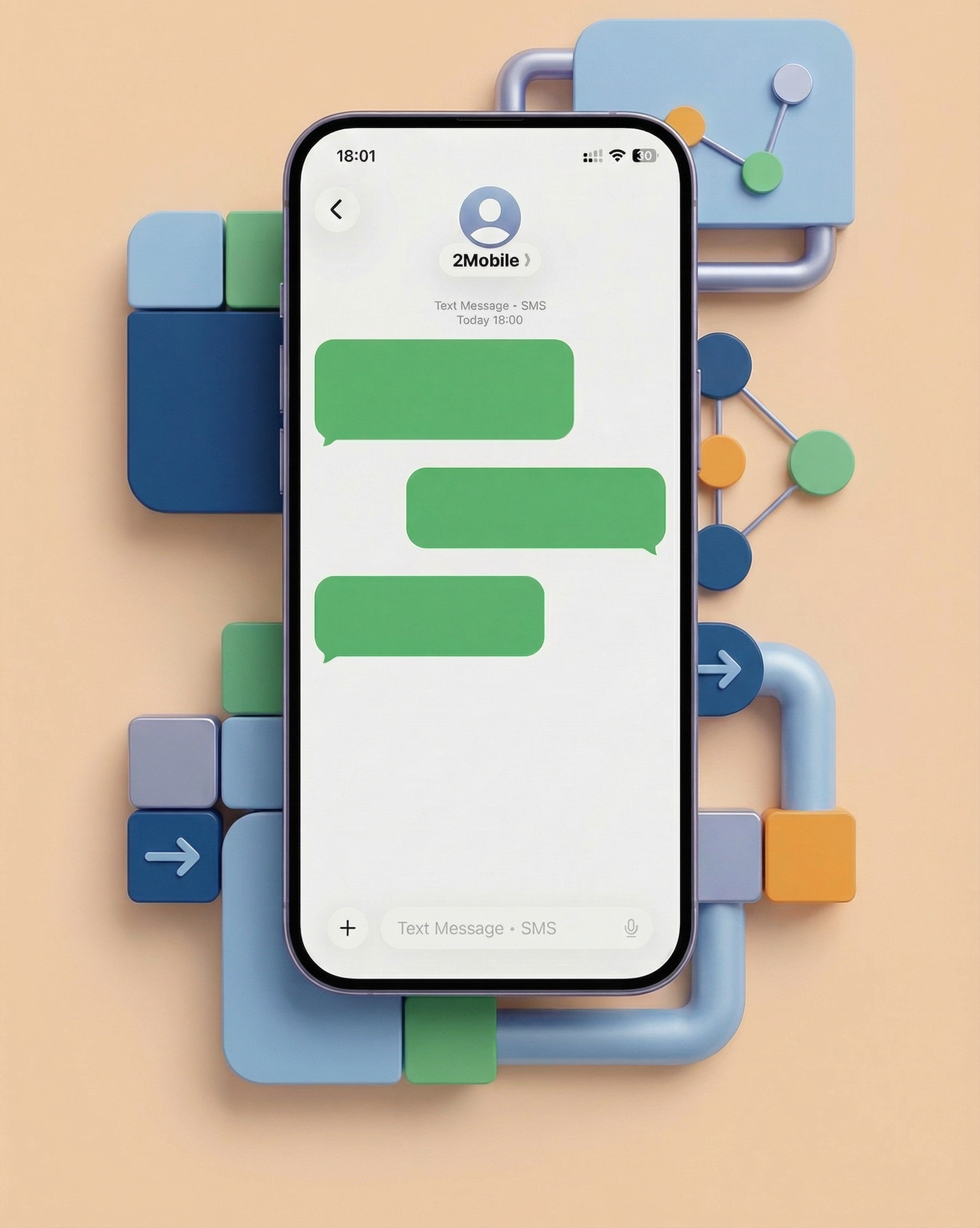 Pametni telefon prikazuje zelene besedilne mehurčke, obdane z barvitimi abstraktnimi oblikami.