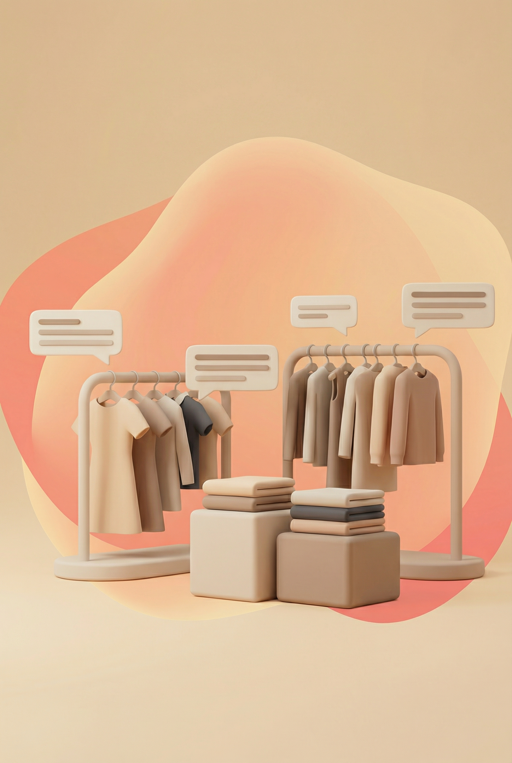 Dva stojala za oblačila z nevtralno obarvanimi oblačili in zloženimi škatlami, z nežno oranžno in rumeno podlago.