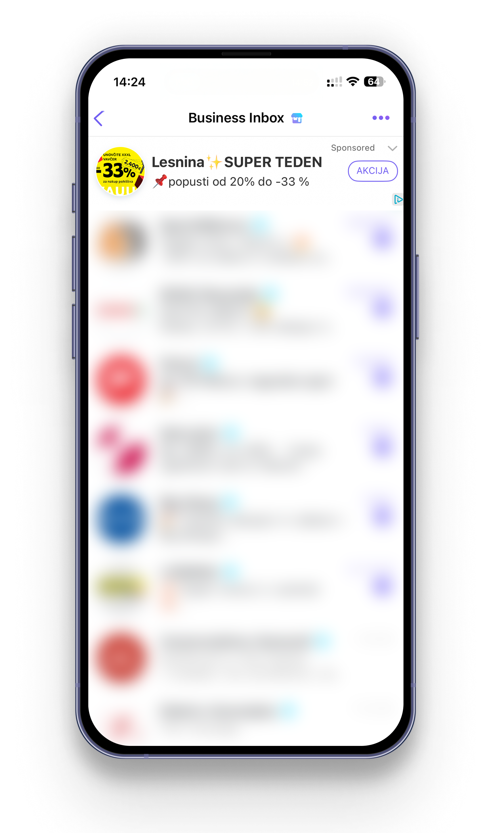 Zaslon pametnega telefona, ki prikazuje zamegljen seznam stikov.