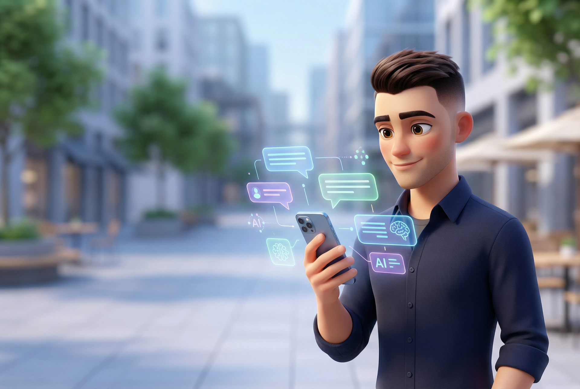 Moški v modri majici gleda v telefon, nad katerim lebdijo digitalni mehurčki za klepet, v mestu.
